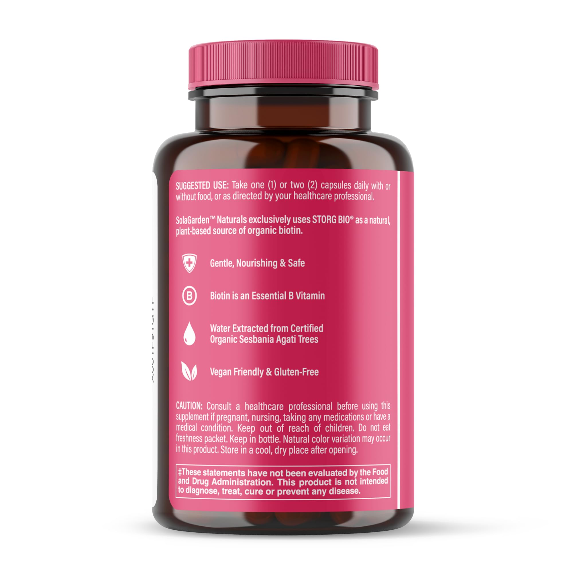 Whole Food Biotin Supplement - Contains Certified Organic Plant Based Biotin from Sesbania Agati Trees - by SolaGarden Naturals. May Support Hair, Skin and Nails. 60 Non GMO Veggie Capsules.