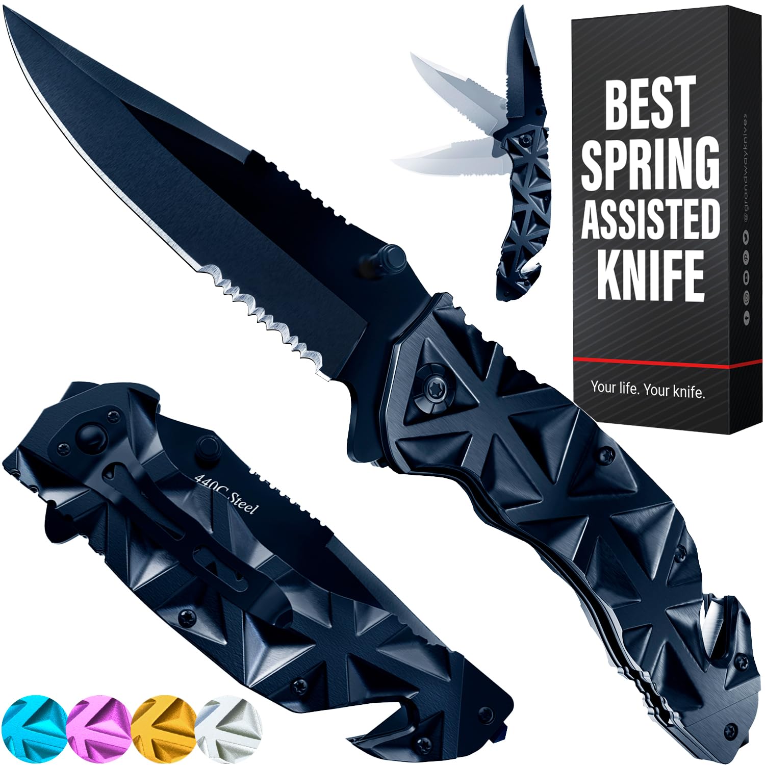 GOOD WORKER Pocket Knife - Serrated Sharp 3.5" Blade - Spring Assisted Tactical Knife with Wire Cutter Glass Breaker - Cool Black Folding Knives for Camping EDC - Gifts for Men HB 207