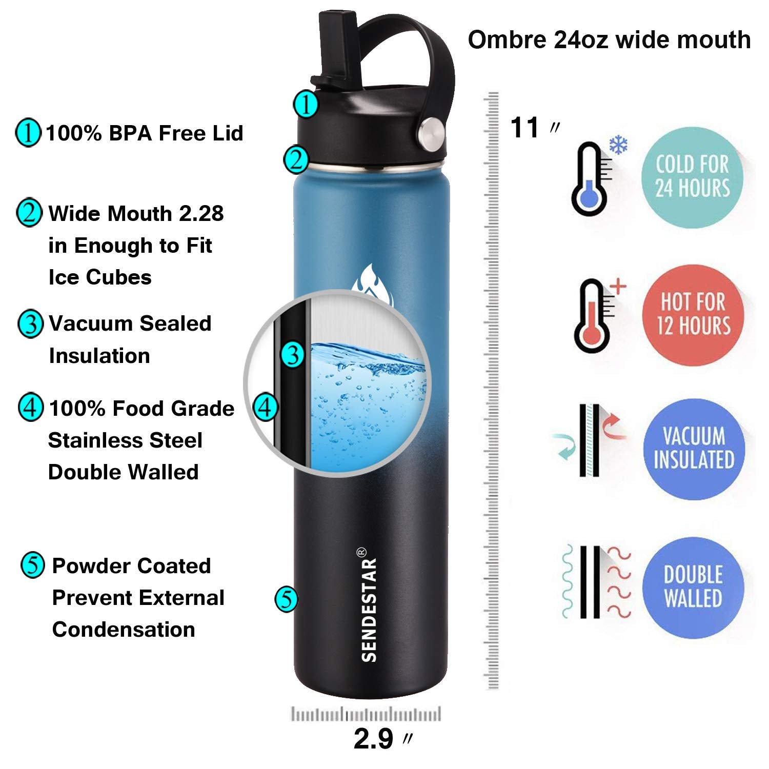 SENDESTAR Water Bottle 24oz Double Wall Vacuum Insulated Leak Proof Stainless Steel Sports Water Bottle—Wide Mouth with New Flex Straw Lid & Spout Lid (Deep Blue&Black)