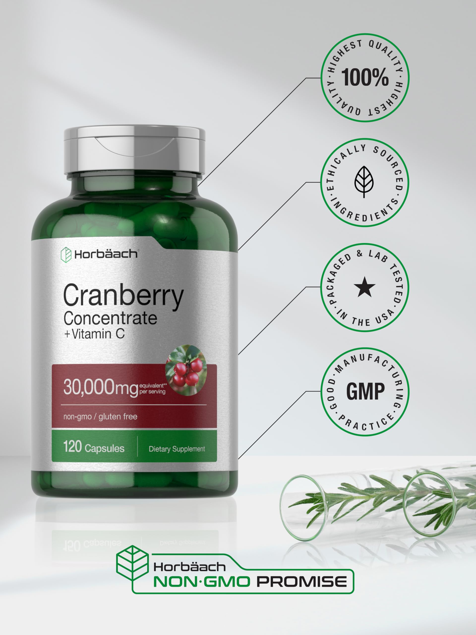 Horbäach Cranberry Concentrate Extract Pills + Vitamin C | 30,000mg | 120 Capsules | Triple Strength Ultimate Potency Formula | Non-GMO and Gluten Free Supplement