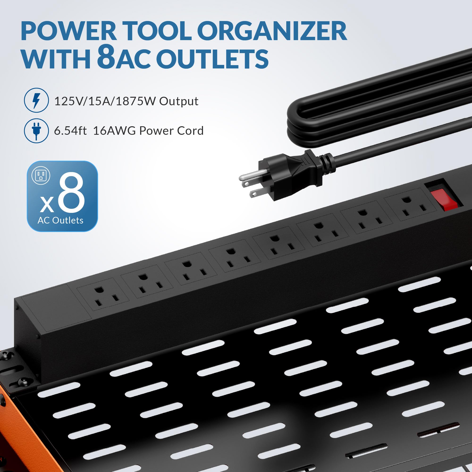 Sttoraboks Modular Power Tool Organizer with Charging Station, Wall Mount Garage Shelf Rack with Hooks for 6 Drills, 4-Layer Shelf, Heavy Duty Tool Battry Holder Built in 8 Outlet Power Strip, Orange