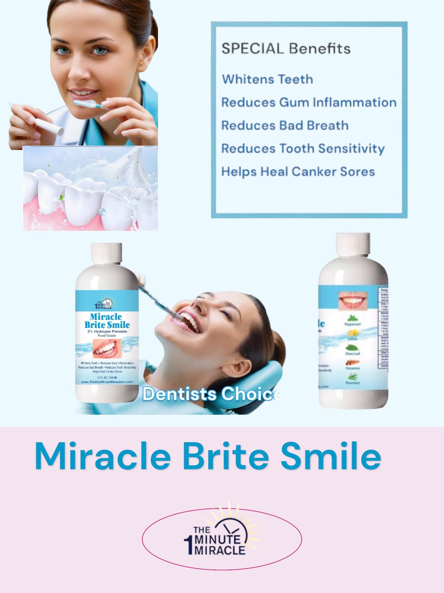 Miracle Brite Smile - Essential Oxygen Rinse Mouthwash for Whiter Teeth, Fresher Breath, and Healthier Gums, Peppermint 12 fl. oz. Our Brand is Reconmended by Dentists.