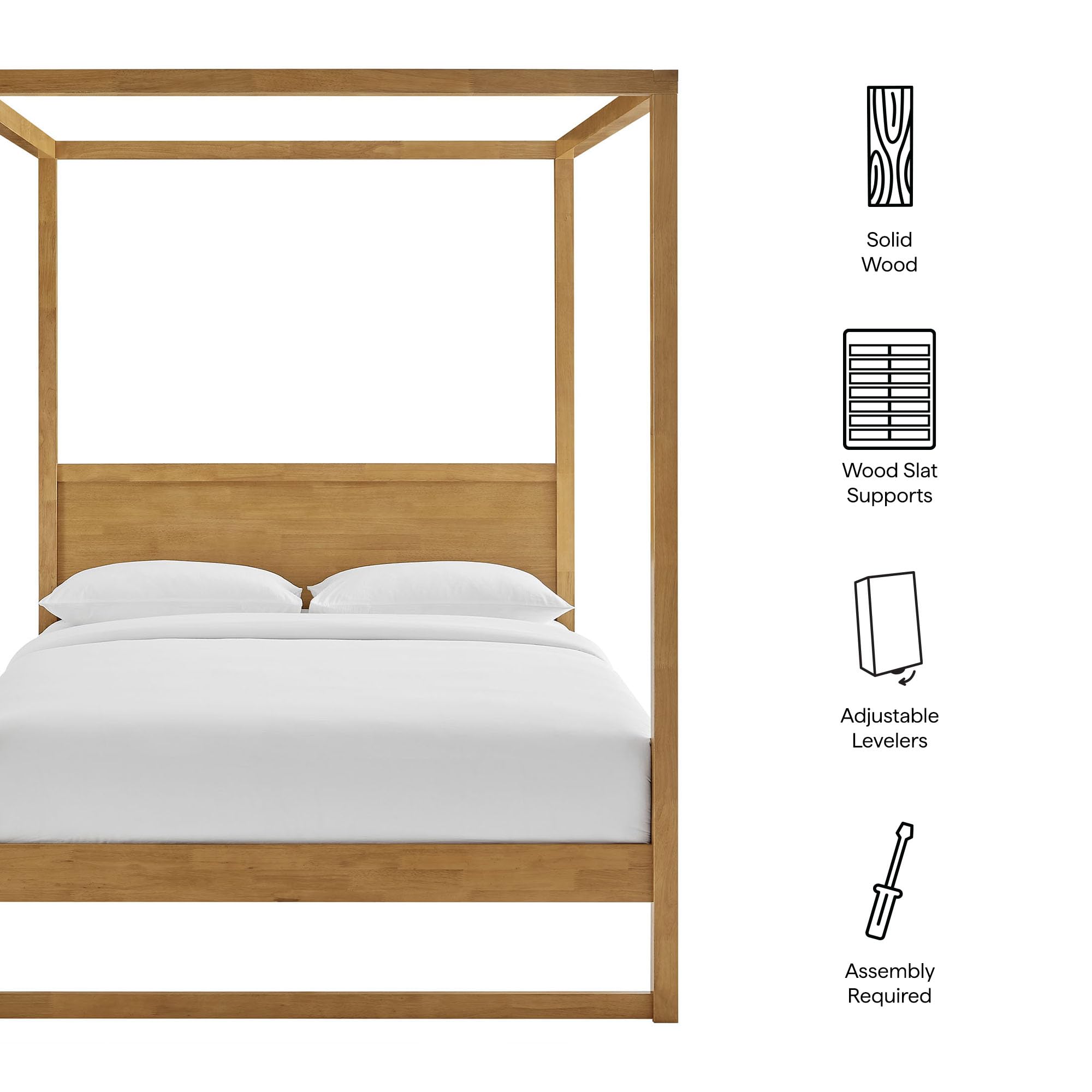 Modway Alva Queen Size 4-Post Wood Platform Canopy Bed in Oak – with with Headboard and Solid Rubberwood Frame