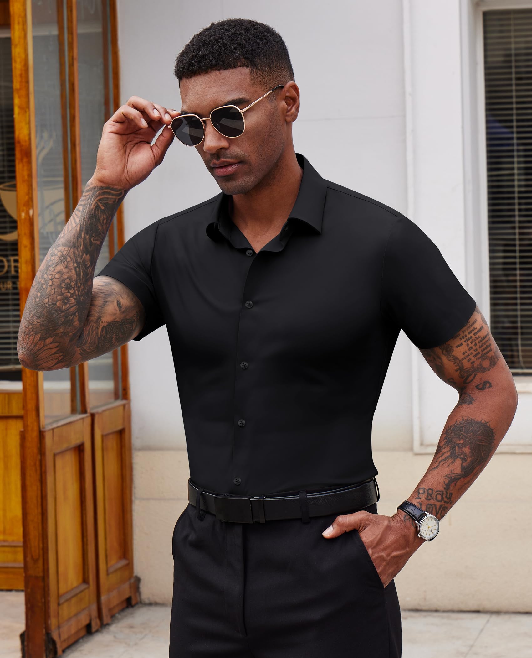 Lion Nardo Stretch Dress Shirts for Men Short Sleeve Slim Fit Casual Button Down Shirts Muscle Fit Men's Dress Shirts Black