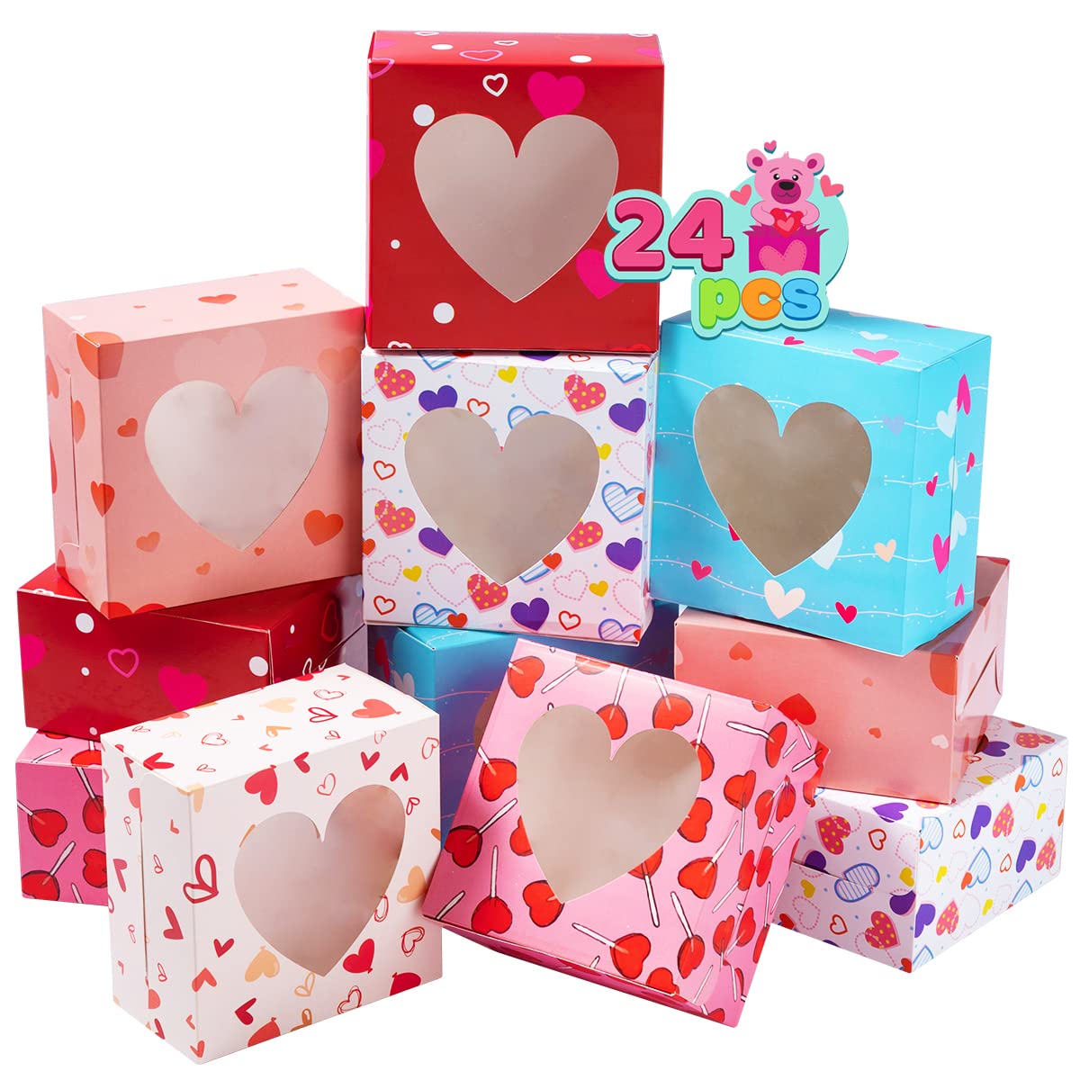 JOYIN 24 Pcs Valentine’s Day Bakery Treat Boxes Valentines Cupcake Boxes Cookie Boxes with Window for Holiday Pastries, Doughnut, Cookie, Cupcakes, Brownies, Truffles Gift Giving