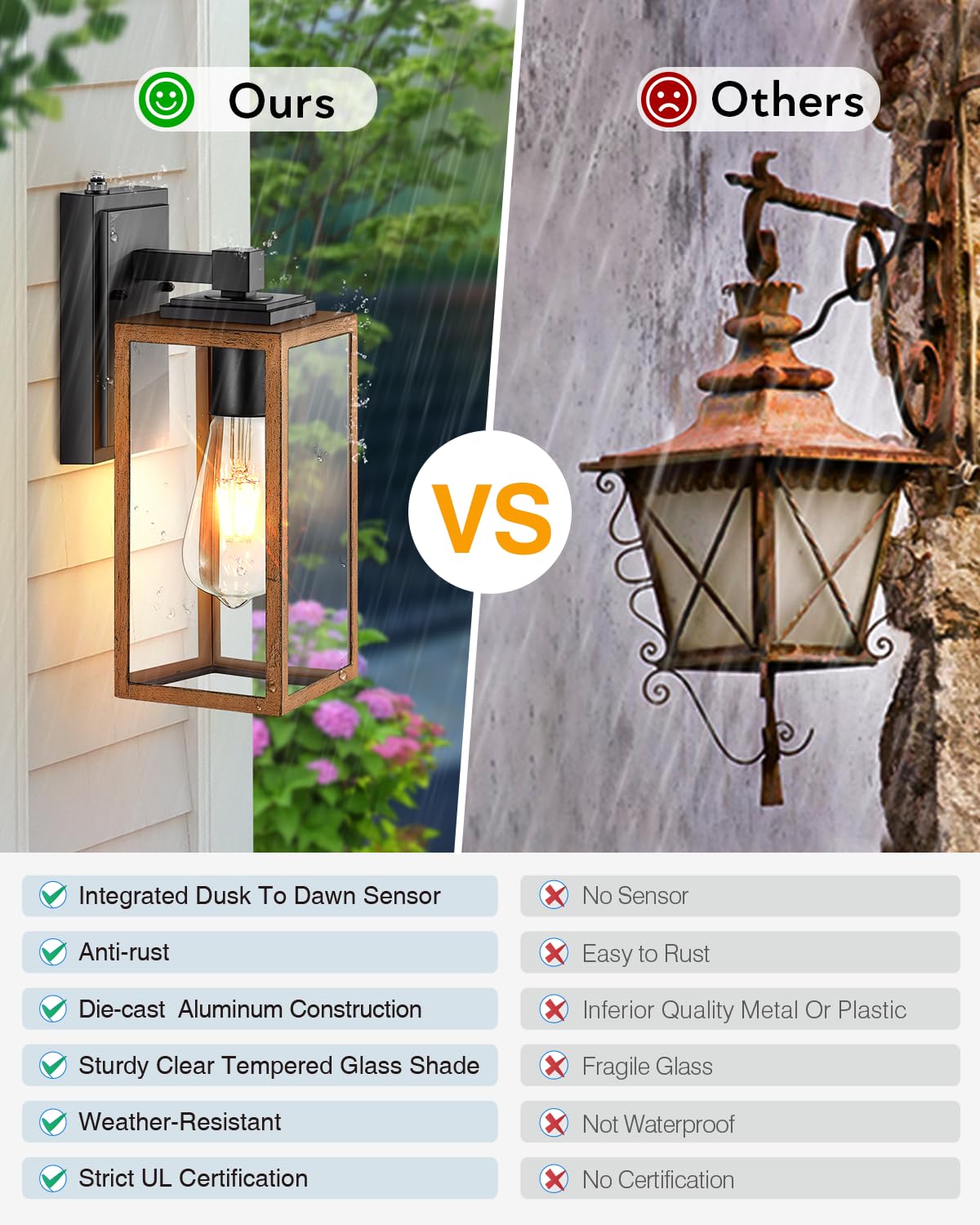 VIANIS 2 Packs Garage Light Outdoor, Dusk to Dawn Outside Wall Lights Fixture for House, Wood Grain Coach Lantern with Toughened Glass, Farmhouse Sconce Wall Mount for Entryway, Hallway, Garage