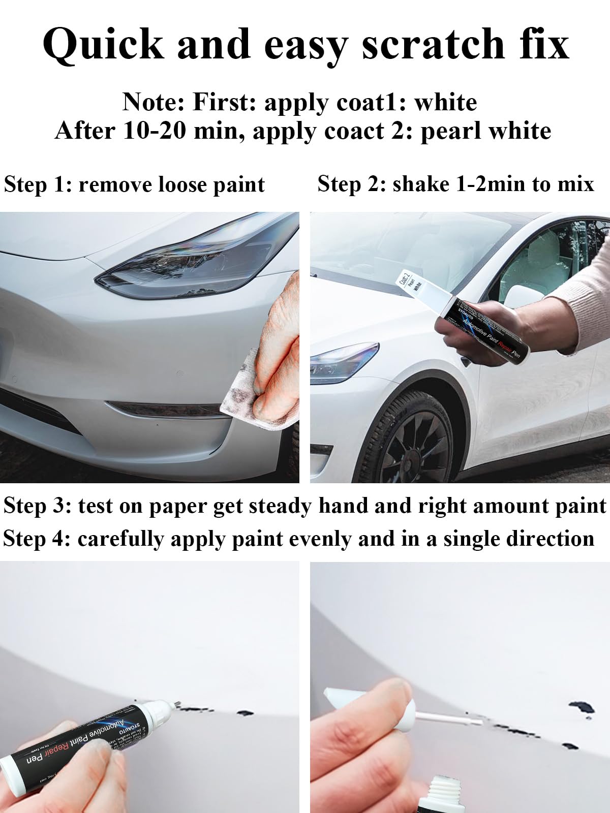 SYOAUTO Touch up Paint Pearl White Fit for Tesla Model Y 3 X S Tesla Model Paint Repair kit Tesla Paint Pen Tip and Brush 2 in 1 Auto Touch Up Paint Pen 0.4 oz (Pearl White)