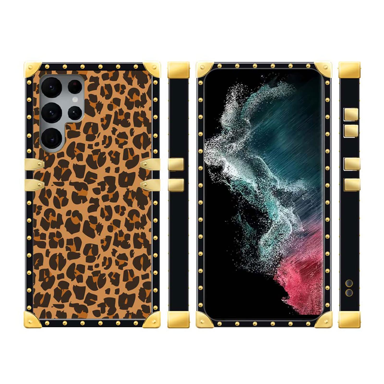 Goodsprout Compatible with Samsung Galaxy S22 Ultra,Brown Leopard Texture Pattern Golden Edge Protection Square Soft TPU Shockproof Protective Hard PC Back Samsung Galaxy S22 Ultra