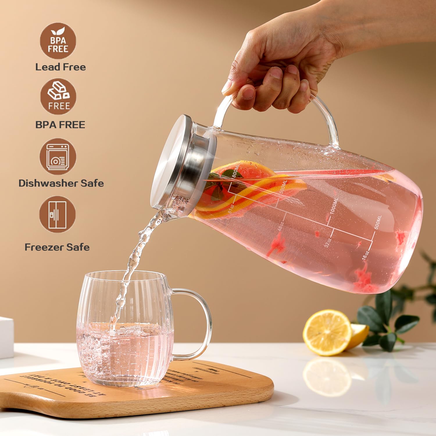 Wlasss Glass Pitcher, 68 oz 2 Liter Glass Pitcher with Lid and Precise Scale Line, Water Pitcher with Handle and Lid, for Hot/Cold Beverages, Coffee, Juice, Lemonade, and Milk