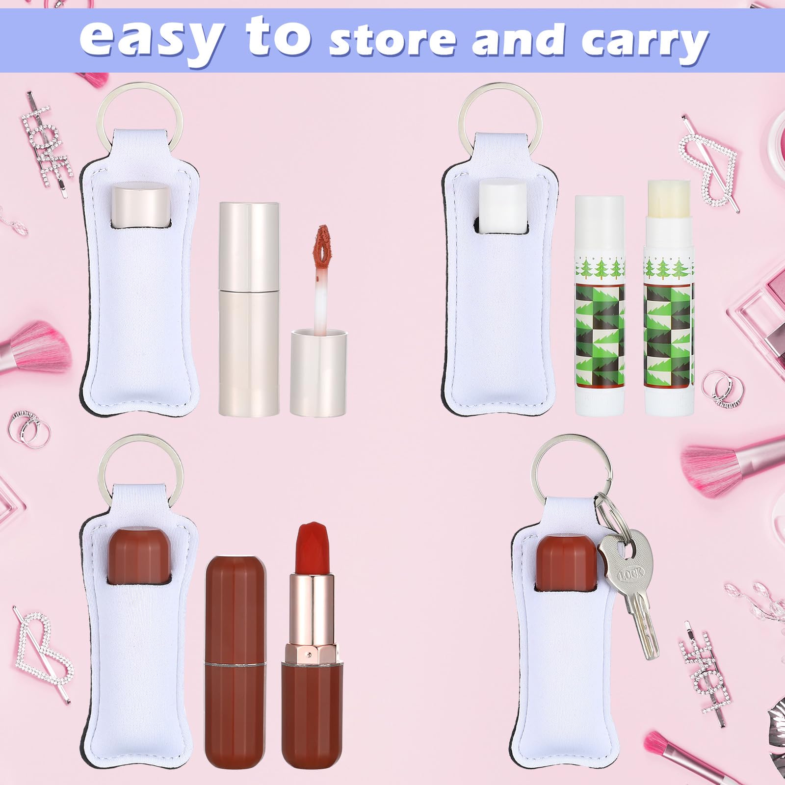 Ferreve 100 Pcs Sublimation Keychain Blanks Bulk Lipstick Holder Sublimation Lip Balm Holder Neoprene Sublimation Blanks Portable Lip Gloss Protective Cases for Women DIY Key Ring Travel Supplies