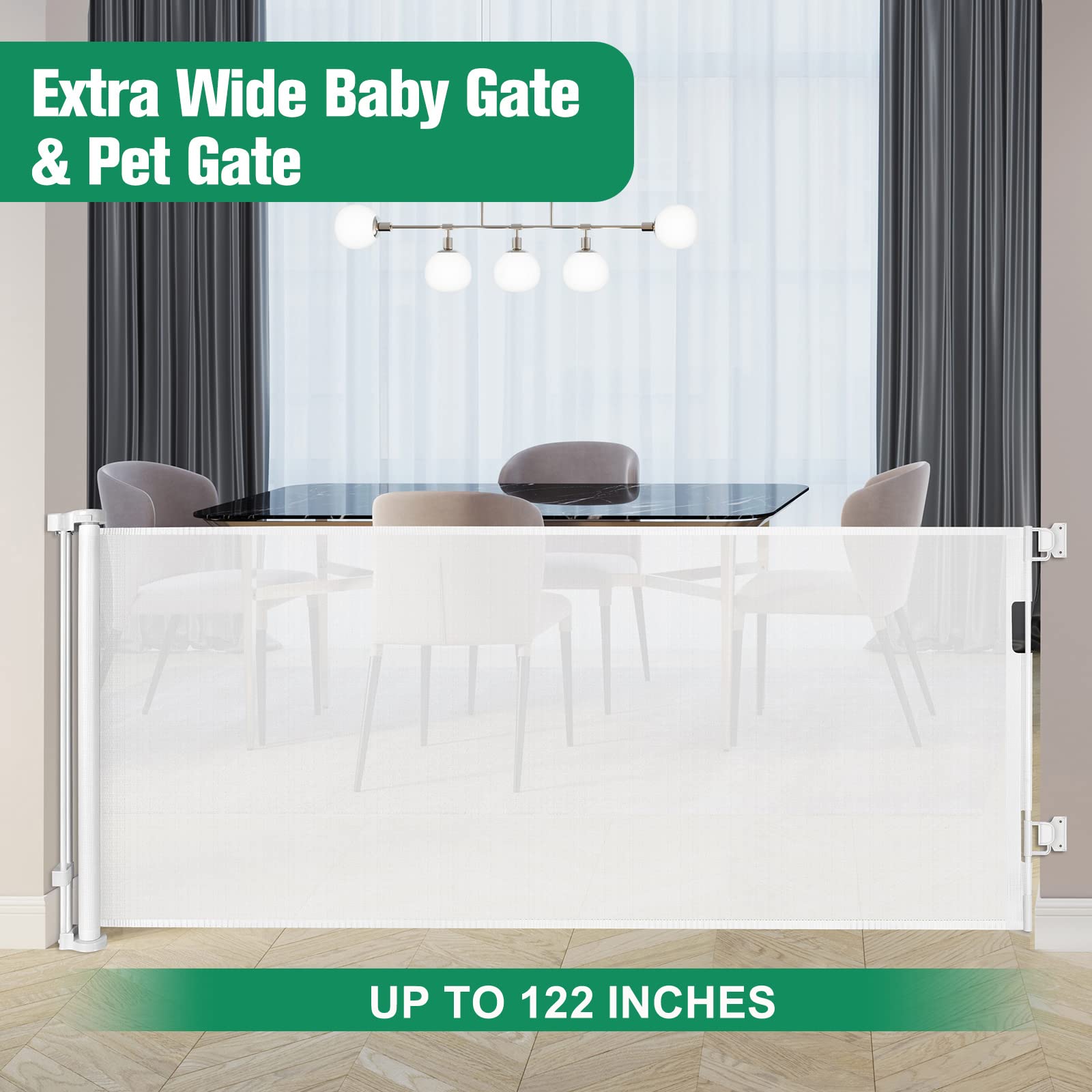 122 Inch Extra Wide Baby Gate for Large Openings Indoor Outdoor Retractable Baby Gates for Doorways Extra Long Baby Gate Large Retractable Dog Gate for Stairs Deck Gates for Dogs Indoor Pet Gate