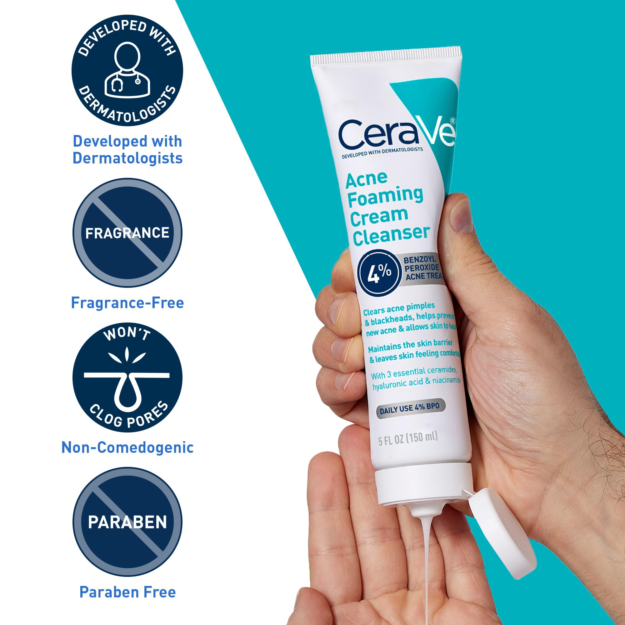 CeraVe Acne Foaming Cream Cleanser | Acne Treatment Face Wash with 4% Benzoyl Peroxide, Hyaluronic Acid, and Niacinamide | Cream to Foam Formula | Fragrance Free & Non Comedogenic | 5 Oz