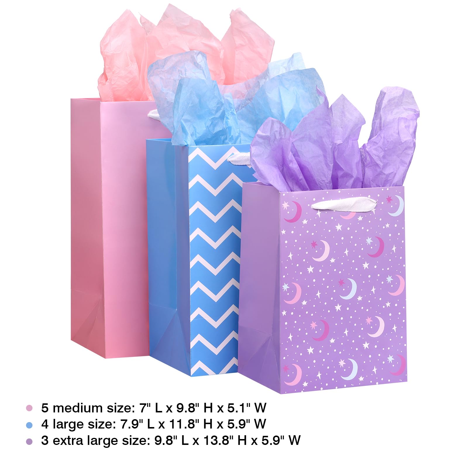 OUTUXED 12pcs Paper Gift Bags with Tissue Paper Assorted Sizes Gift Bags with Different Designs Bulk (5 Medium 9.8", 4 Large 11.8", 3 Extra Large 13.8") for Birthday, Baby Showers, Party, Wedding