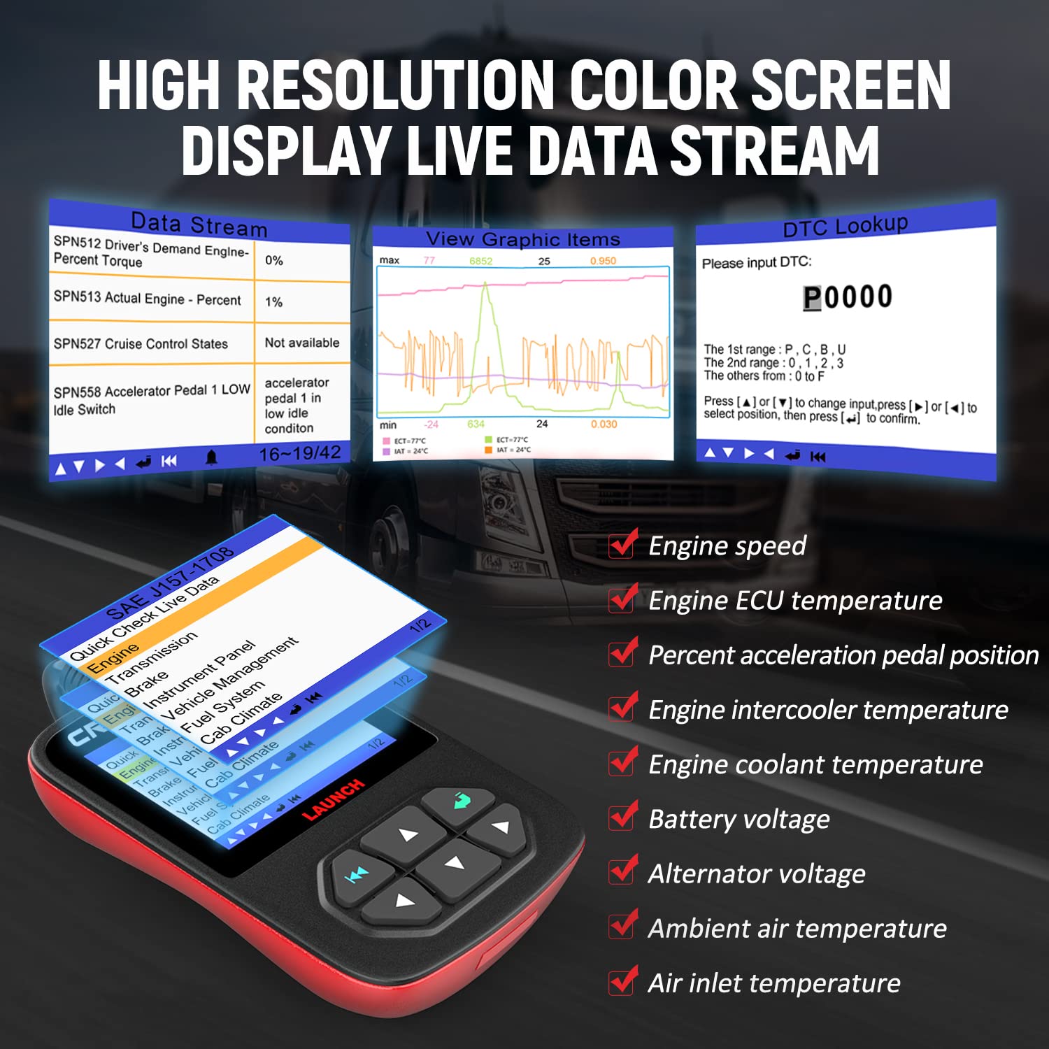 LAUNCH CR-HD Plus Heavy Duty Truck Scanner Diagnostic Scan Tool OBD. EOBD . HOBD Check Engine Diesel Truck & Car 2-in-1 OBD2 Code Reader
