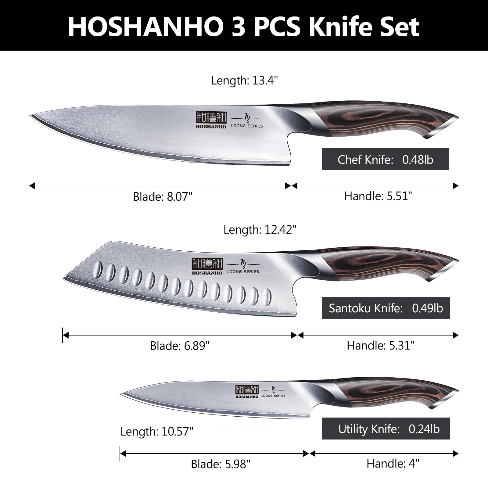 HOSHANHO 3 Pieces Knife Set, Professional Japanese AUS-10 Stainless Steel Kitchen Knife Set, Ultra Sharp Chef Knives Sets with Ergonomic Pakkawood Handle