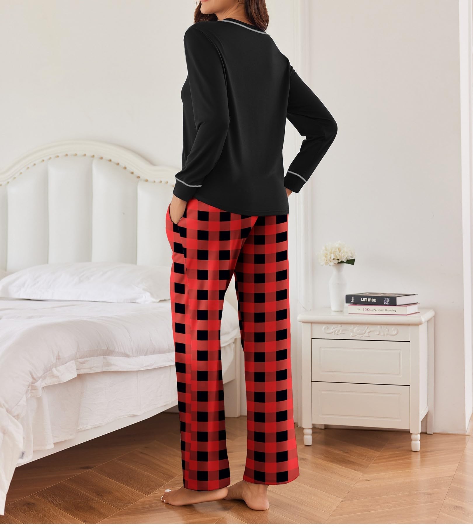 Ekouaer Womens Pajama Set 2 Piece Long Sleeve PJs with Plaid Pants Drawstring Elastic Waist Sleepwear Lounge Set Black and Red Plaid M