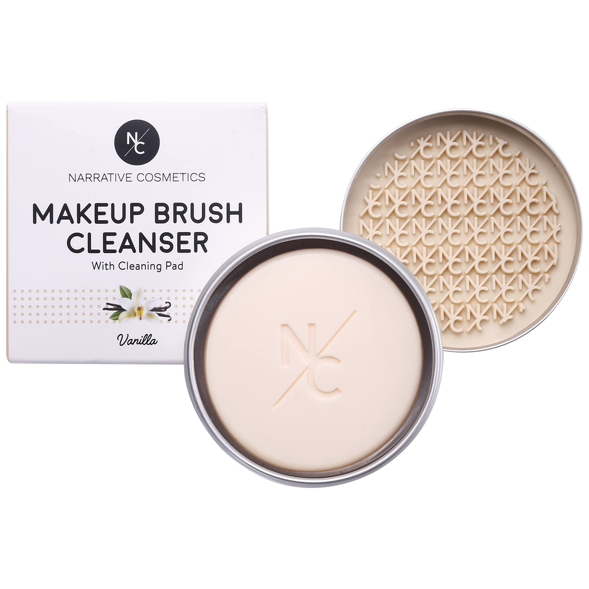 Narrative Cosmetics Solid Makeup Brush Cleanser Soap with Silicone Cleaning Pad, Cleans Natural & Synthetic Brushes, Vegan, Cruelty-Free, Natural Ingredients, Vanilla Fragrance, 2.45 Oz.