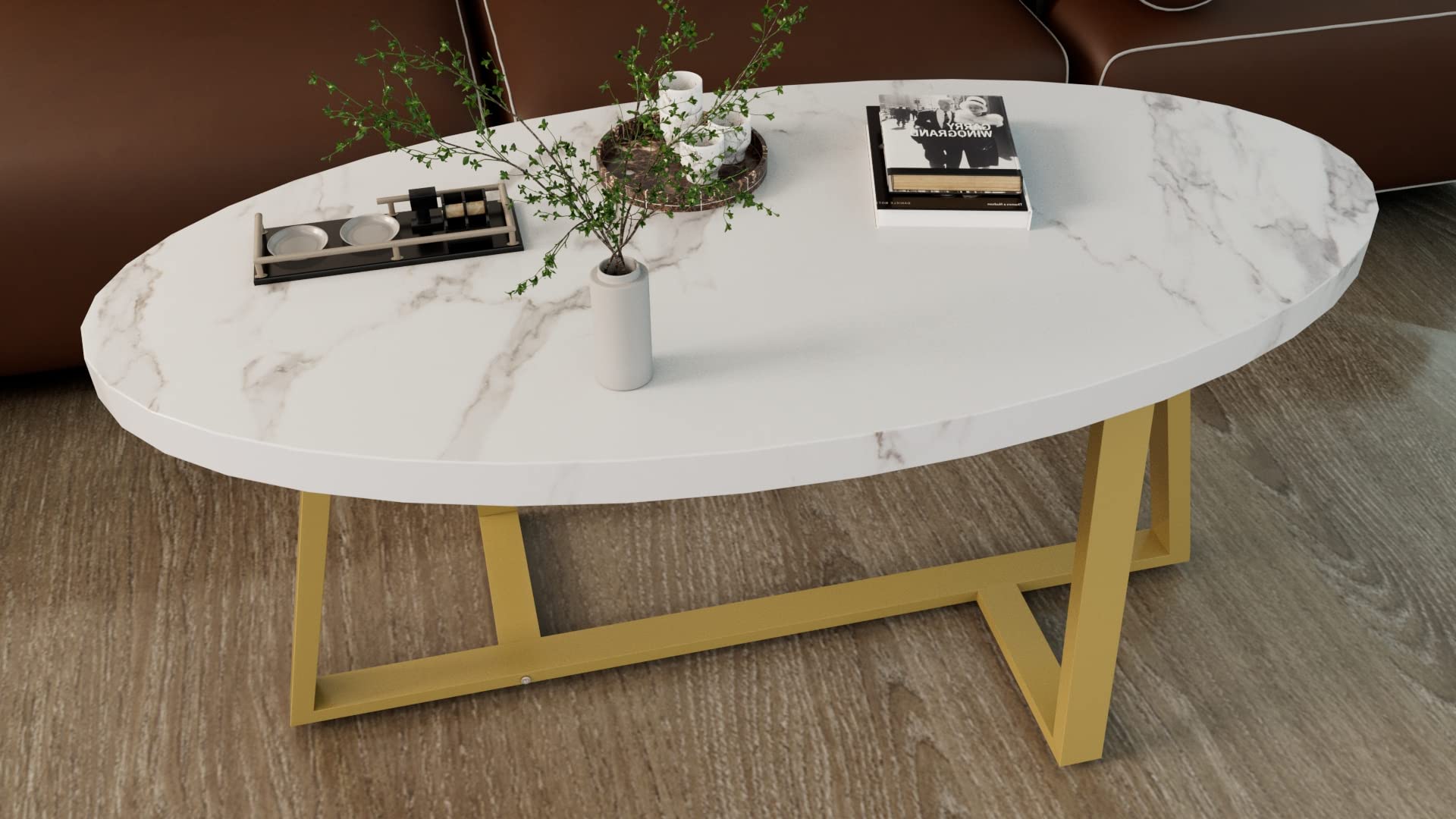 Wolawu Oval Faux Marble Coffee Table - Modern Gold Elliptic Side End Table for Living Room and Kitchen