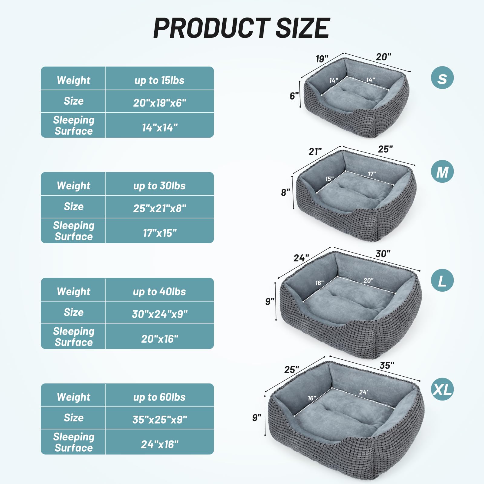 MIXJOY Dog Bed for Large Medium Small Dogs, Rectangle Washable Sleeping Orthopedic Pet Sofa Bed, Soft Calming Cat/Puppy Beds for Indoor Cats, Anti-Slip Bottom with Multiple Size (20'', Grey)