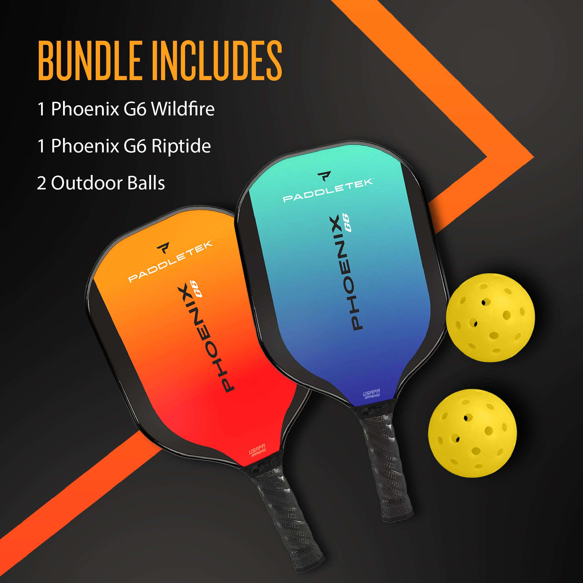 Paddletek Phoenix G6 Pickleball Set | Includes 2 Pickleball Paddles & 2 Outdoor Balls | Pro Pickleball Paddle with Honeycomb Core, Polycarbonate Surface, Graphite PolyCore & High Tack Grip | USAPA