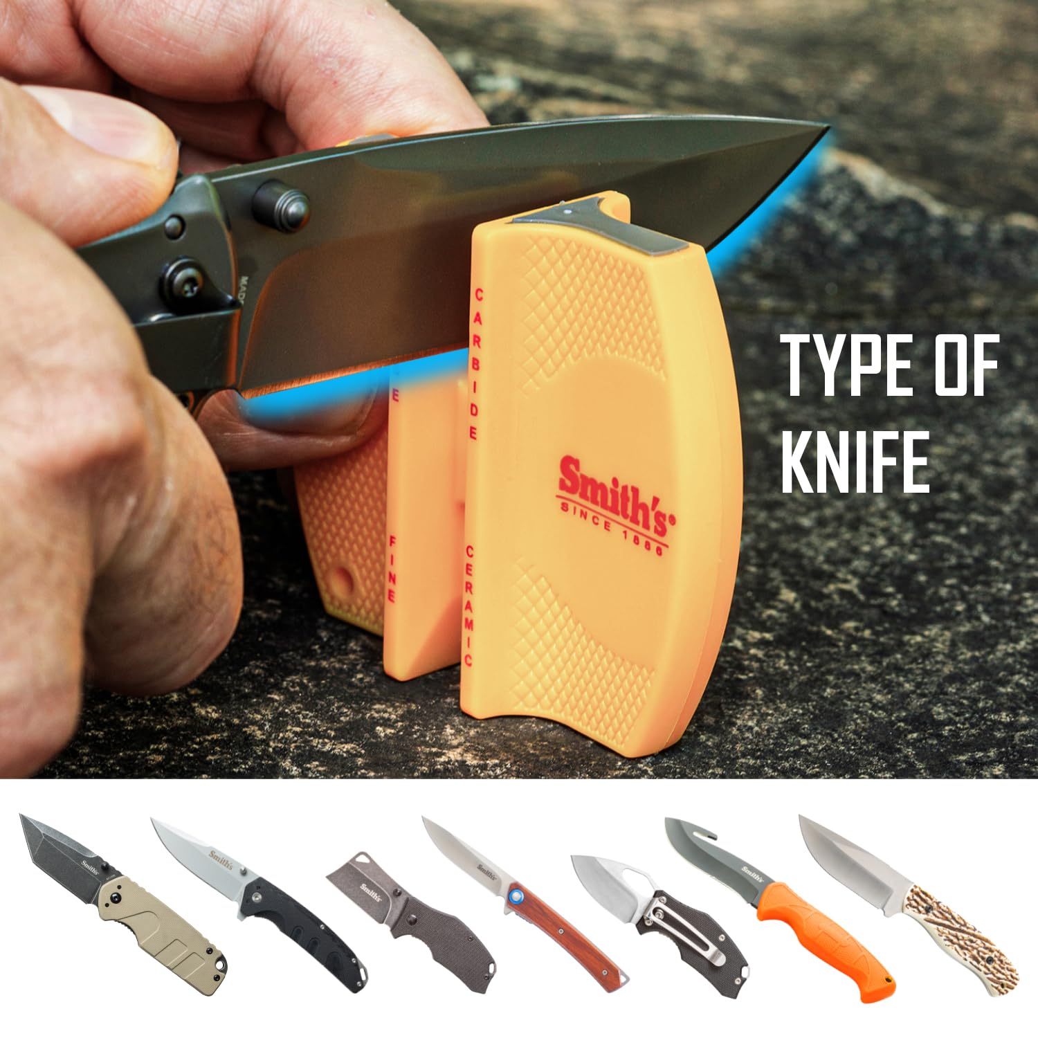 Smith's CCKS 2-Step Knife Sharpener - Yellow - 2-Step Preset Coarse & Fine Slots - Outdoor Handheld Knife Sharpener - Fishing, Hunting, Fillet, Pocket Knives - Compact Plastic Portable Keychain Tool