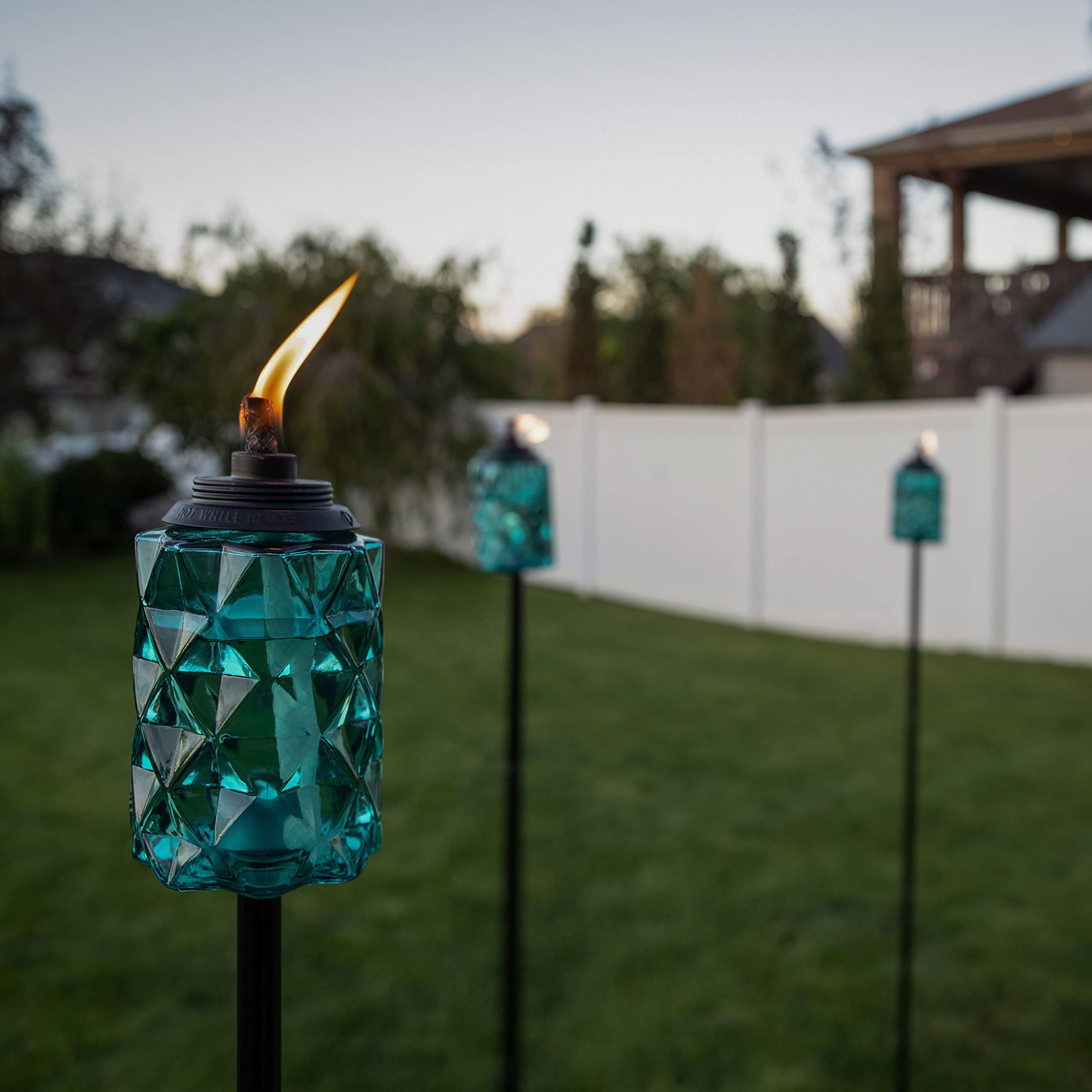 TIKI Brand 2-Pack Topaz Blue Glass Easy Install Tiki Torch, Outdoor Decorative Lighting for Lawn Patio Backyard, 65 Inch, Blue, 1122125