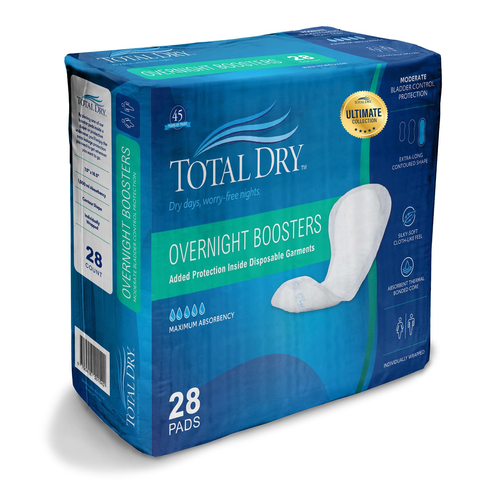 TotalDry Ultimate Boost Ups Overnight Incontinence Pads for Women & Men – FSA HSA Approved Adult Incontinence Pads for Disposable Garments – Contour-Shaped Bladder Control 140 Count