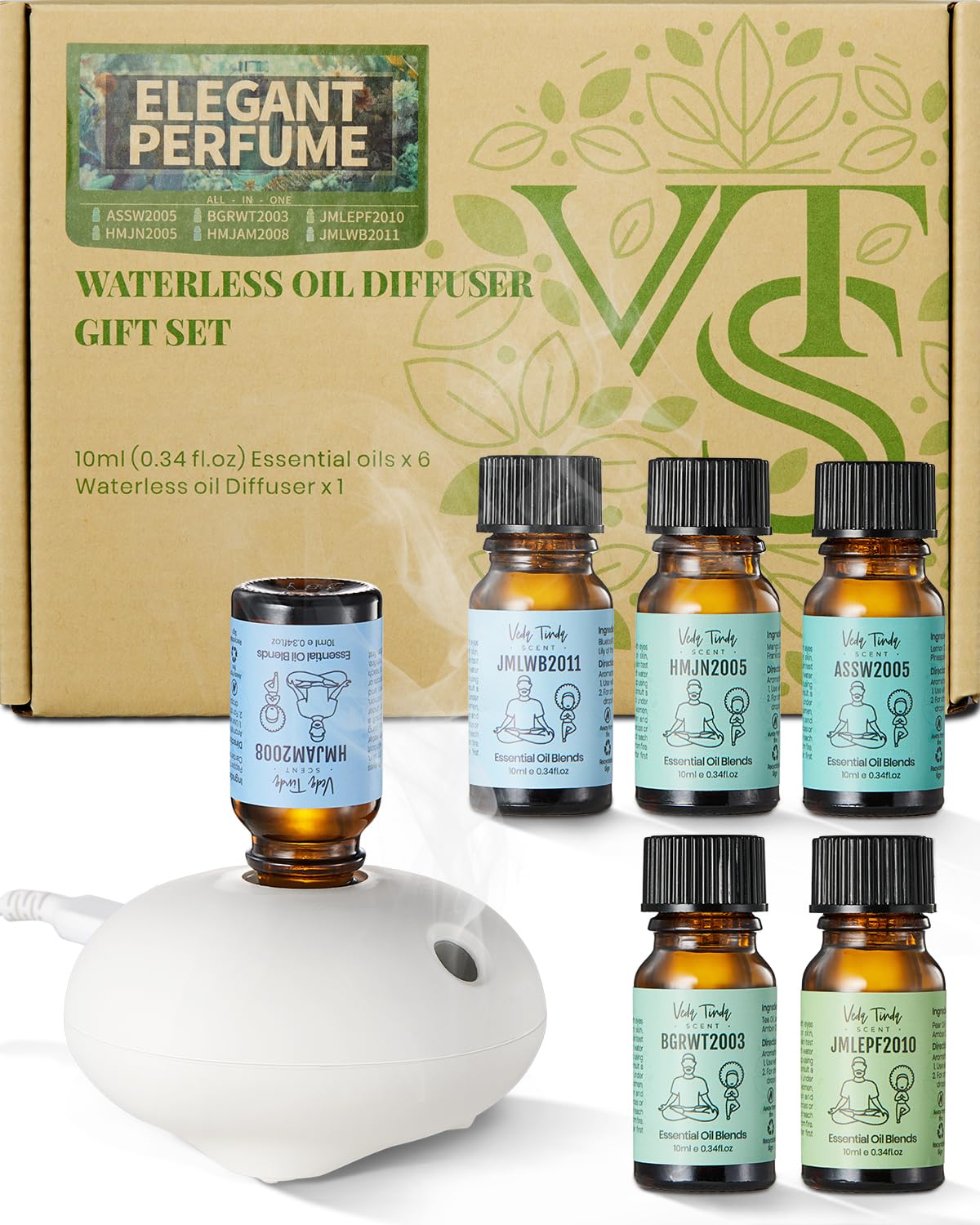 VTS Waterless Diffuser with Classic Perfume Scent Essential Oils Set,tea tree/Musk/amber/orange/frankincense Composite Essential Oil for Essential Oil Nebulising Diffusers, Home Fragrance aromatherapy