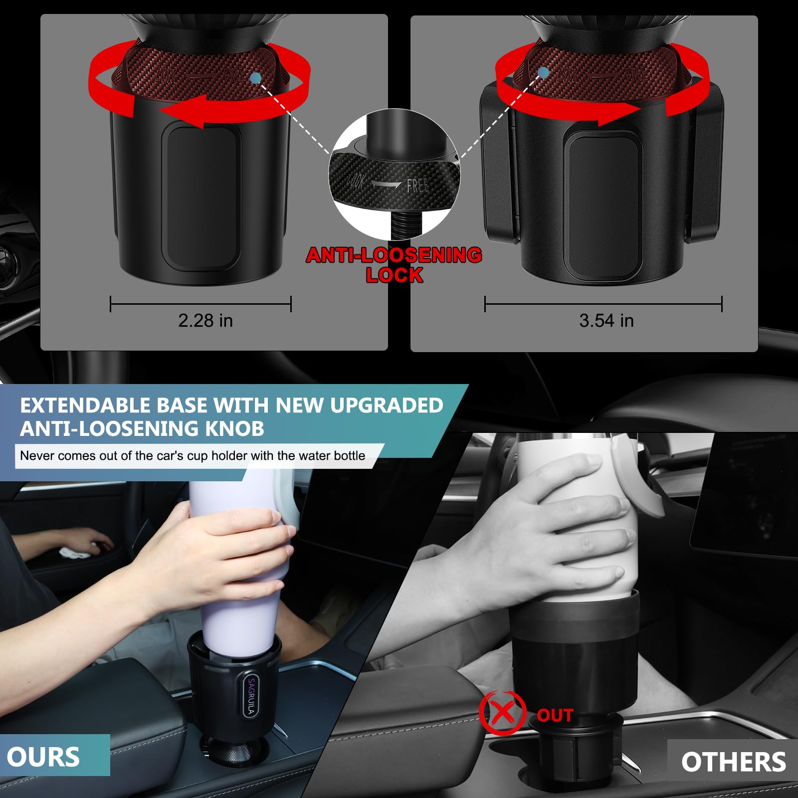 Car Cup Holder Expander Adapter SAGRUILA All Purpose Cup Holder Expander for Car with Adjustable Base Fits Less Than 3.8" Bottles Mugs Drinks