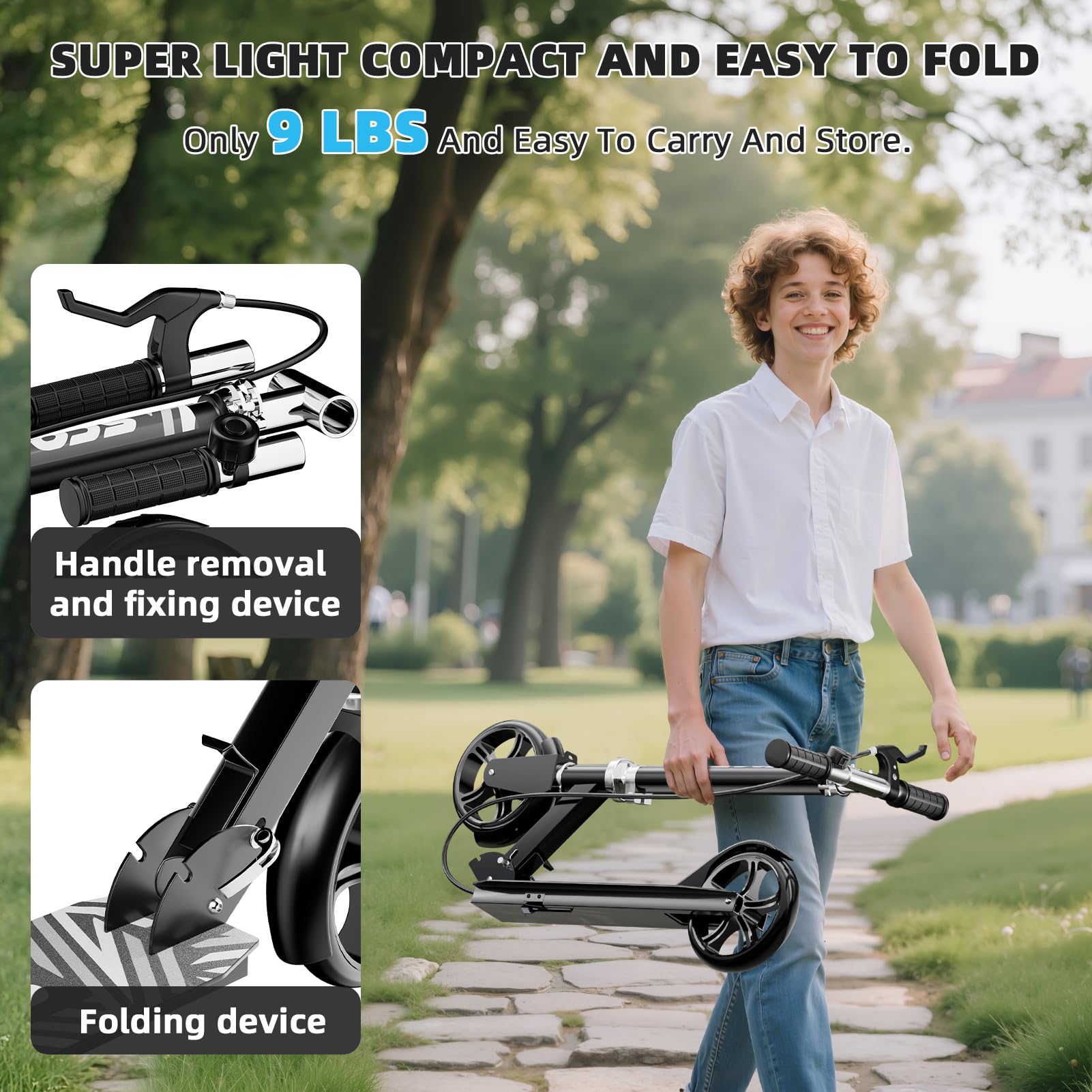Scooters for Kids 8-12, Teens & Adults - Lightweight, Foldable, 8-Inch Big Wheels, Hand Brake & Bell, 4 Adjustable Height Levels, 240 lbs Max Load - Perfect for School, Campus and Park Rides Black
