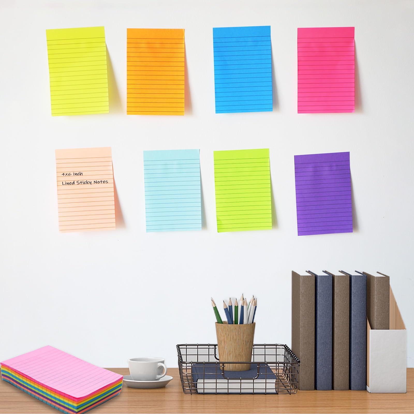 8 Pack Lined Sticky Notes 4X6 in Post, Large Ruled Post Sticky Colorful Super Sticking Power Memo Pads Strong Adhesive,Sticky Notes Lined for Office, Home, School, 40 Sheets/pad