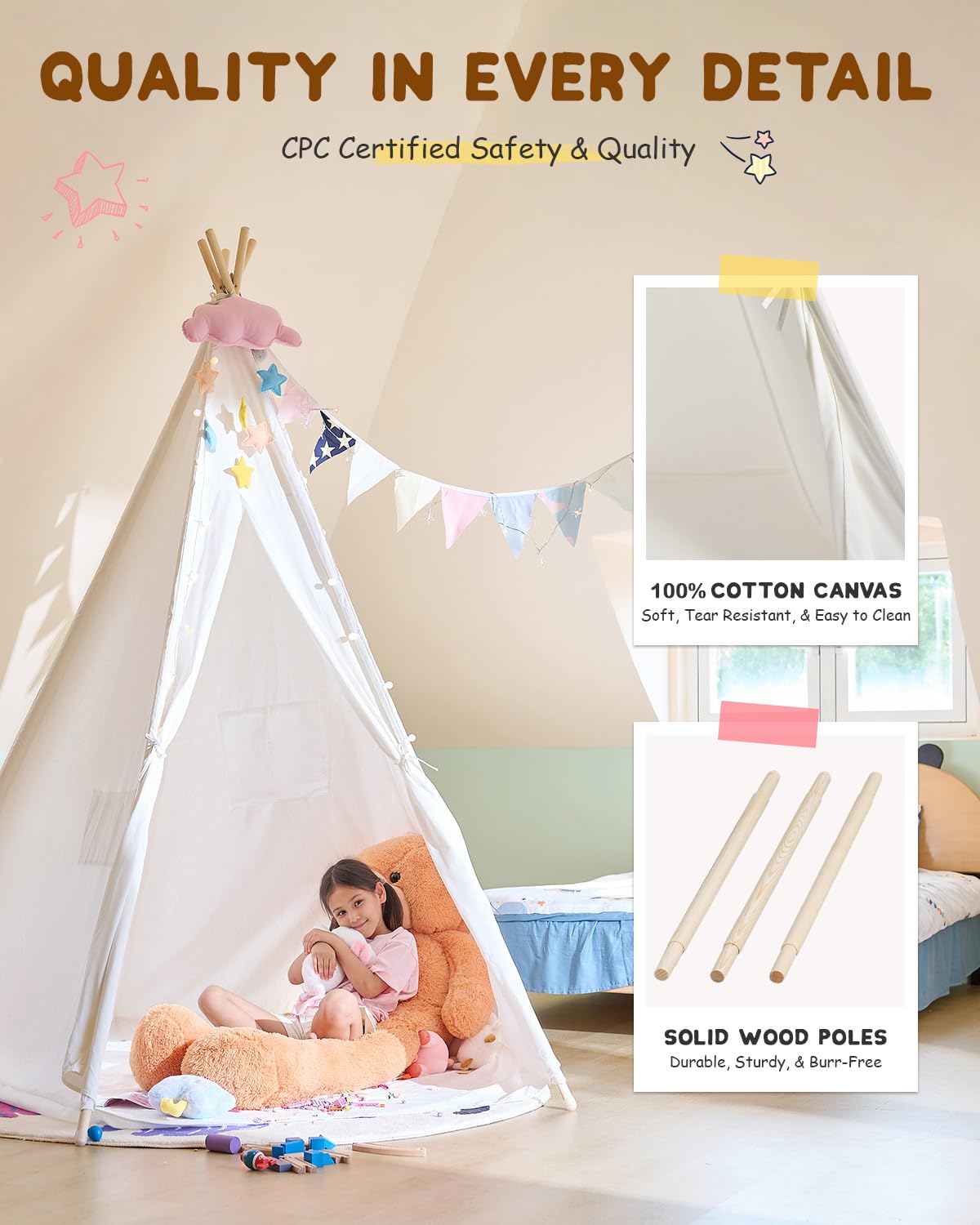 CO-Z Larger 85" H Kids Teepee Play Tent, Tall Foldable Teepee Outdoor, 2.1m Large Indoor Canvas Teepee Tent for Adults, 5 Sides Party Picnic Wedding Teepee Tent with Storage Bag