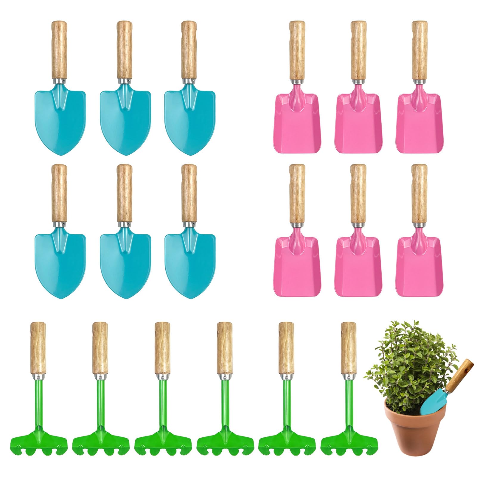 18 Pcs Mini Garden Plant Tool Set, Colorful Metal Garden Hand Shovels & Square Spade & Rake, Garden Tools for Kids Teens Adults Soil Planting Sand Box (18 pcs Mixed Colors)