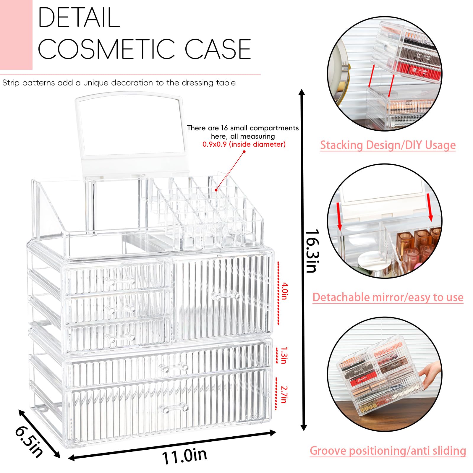 3 Pack Stackable Clear Make up Organizers for Vanity - WIth 6 drawers and 1 Removable Mirror- Hair Accessory and Cosmetic Storage Organizer for Beauty,Brush,Lipstick,Make up Holder Skincare Organizer