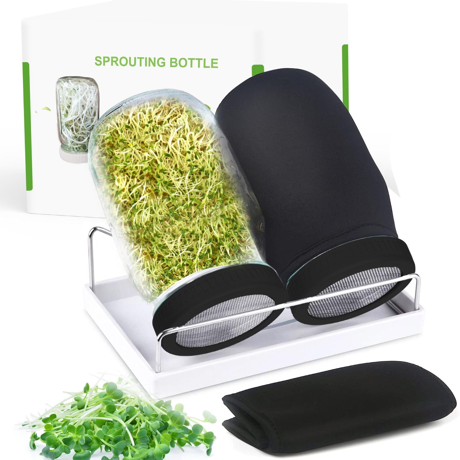 Organic Seed Sprouting Jar Kit – 2 × 32 oz Wide-Mouth Mason Jars with Stainless-Steel Sprouter Lids & Stand, Blackout Sleeves, Drain Tray – Grow Broccoli, Alfalfa & Bean Microgreens