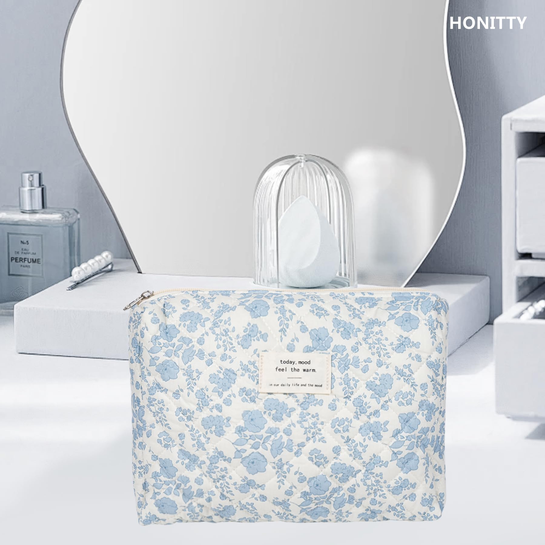 Makeup Pouch,Quilted Makeup Bag,Large Floral Make Up Bag for Women,Cotton Organizer Bag,Flower Travel Toiletry Bag