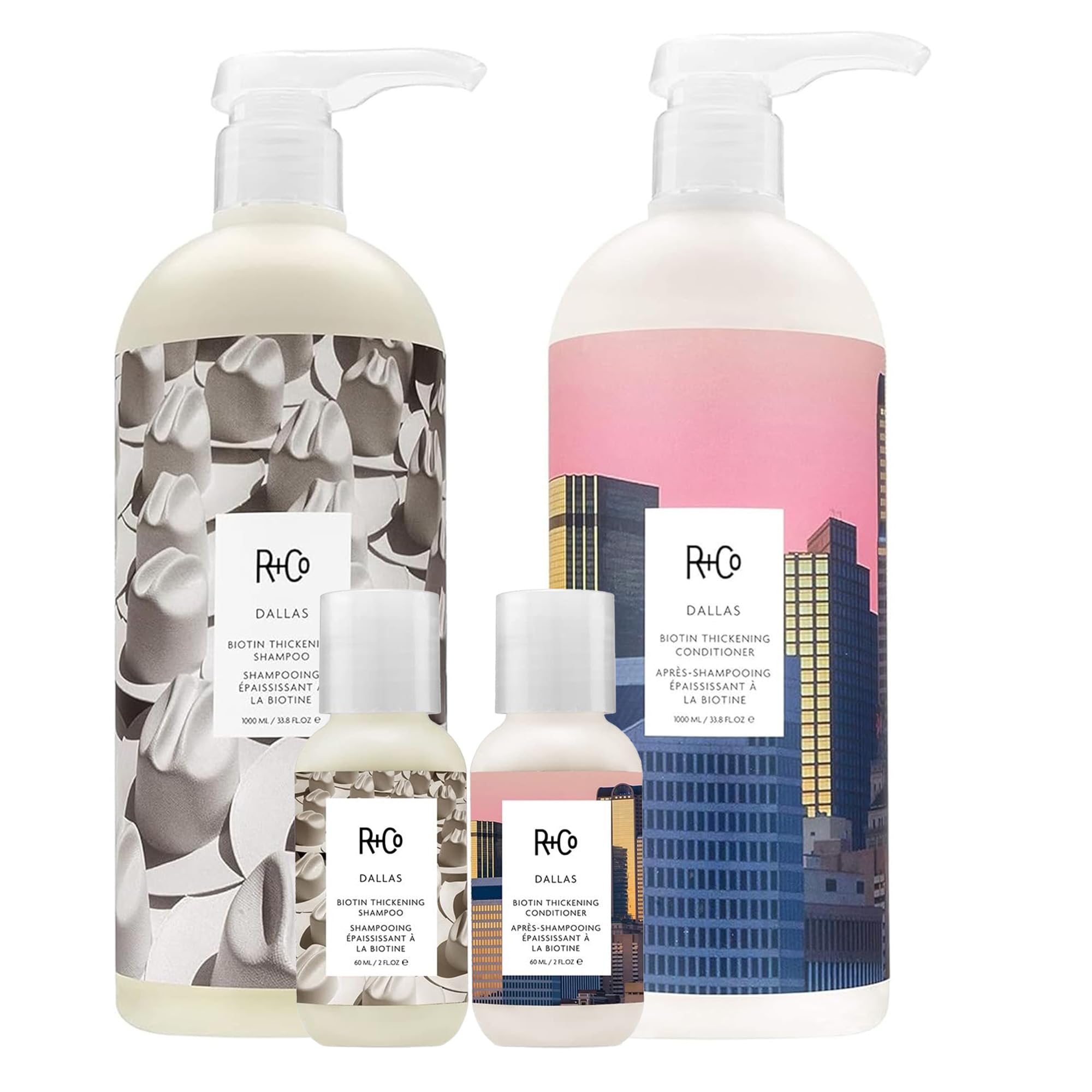 R+Co Dallas Biotin Thickening Shampoo & Conditioner Set + Travel Set | Thickens, Nourishes + Strengthens | Vegan + Cruelty-Free | Set of 4