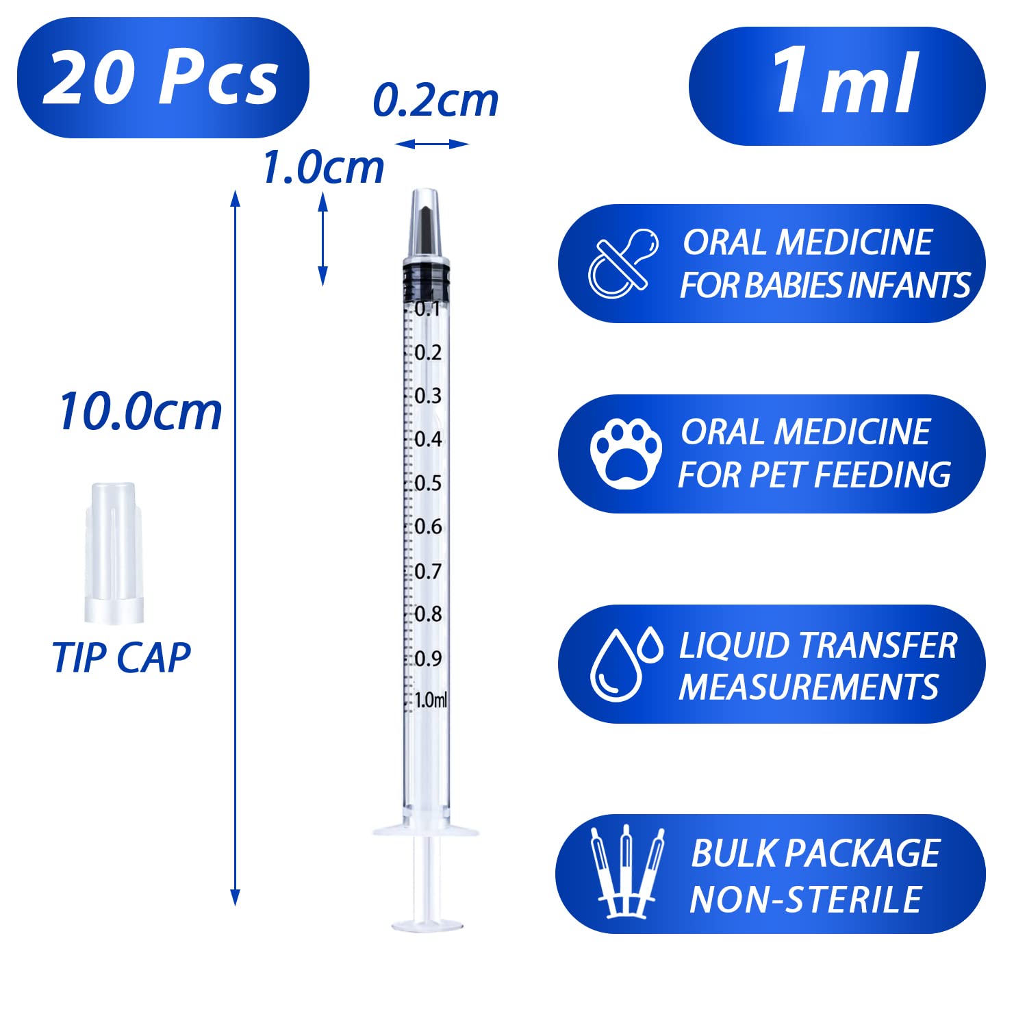 20 Pack 1ml Syringe with Cap for Liquid, 1cc Plastic Small Syringes with Cover, Non-Sterile, No Needle