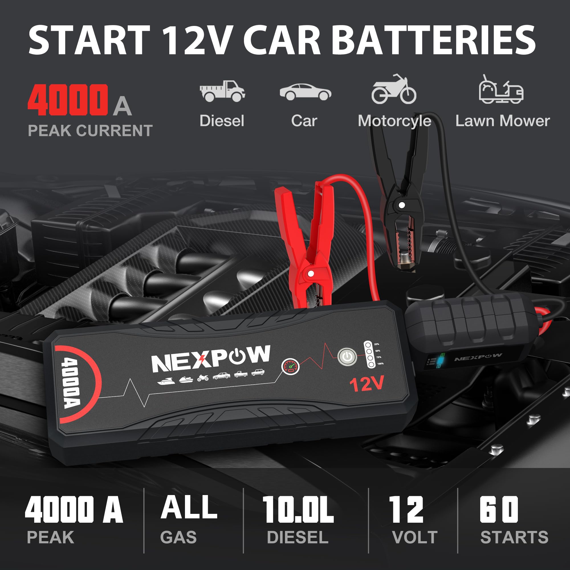 NEXPOW Car Jump Starter,Car Battery Jump Starter 4000A Peak Q11 Pack for Up to All Gas and 10.0L Diesel Engine12V Auto Battery Booster,Jumper Cables,Portable Lithium Jump Box with LED Light/USB QC3.0