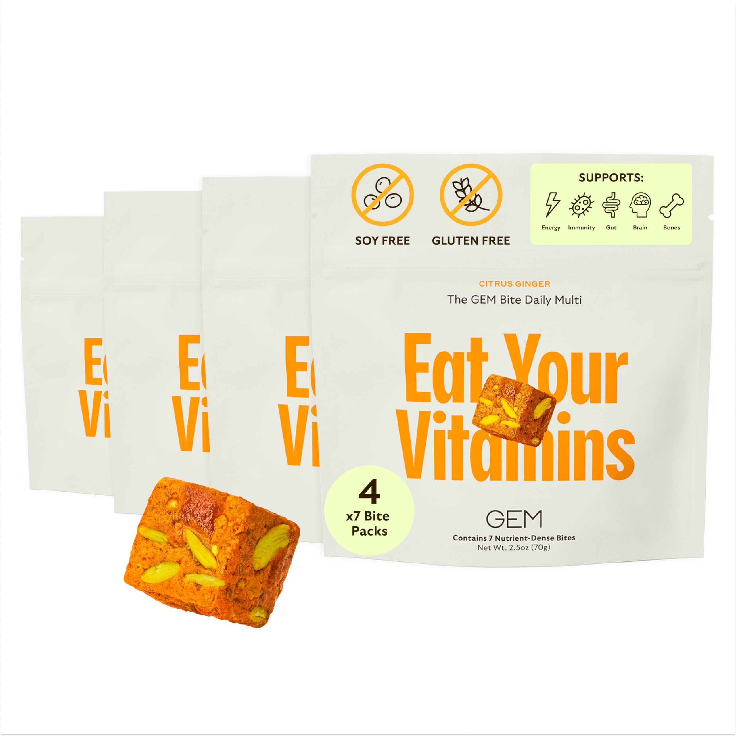 GEM Daily Essentials Citrus Ginger Multivitamin | 4 x 7-Bite Pack | Supports Energy, Gut, Skin, Brain, Bone & Immunity | 20+ Whole-Food Vitamins & Minerals | Gluten Free, Soy Free, No Animal Products