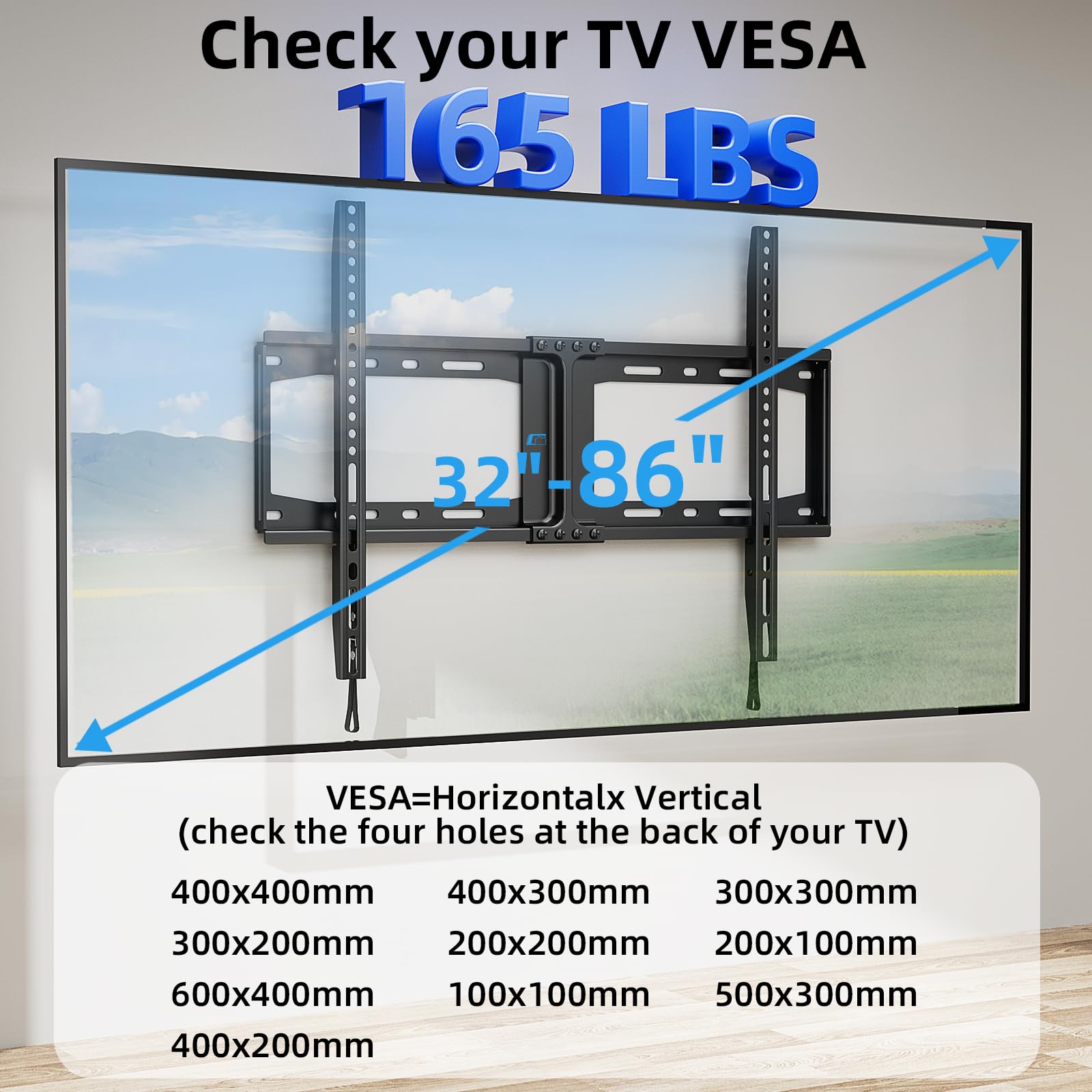 HOME VISION Heavy Duty Fixed TV Wall Mount for Most 32"-86" Flat TVs, Max VESA 600X400mm up to 165lbs Fits 16/18/24 Inch Wood Studs, Universal Low Profile Wall Mount TV Bracket, Space Saving HV8601