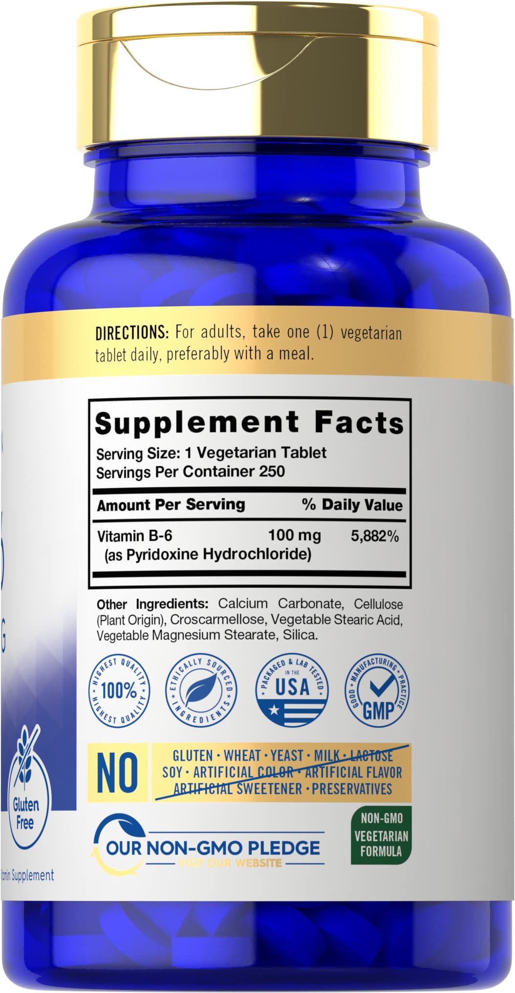 Carlyle Vitamin B6 100mg | 250 Tablets | Pyridoxine Hydrochloride Supplement | Vegetarian, Non-GMO, Gluten Free