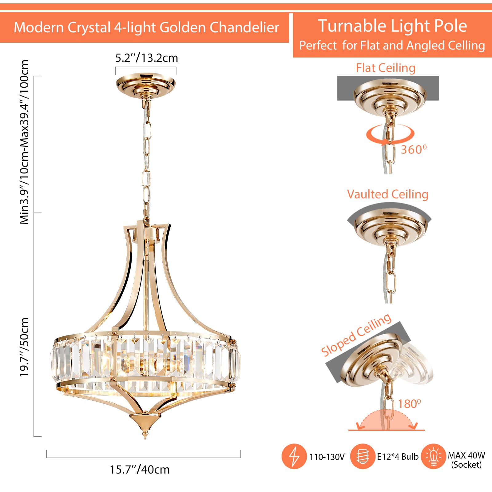 Majhoiw Chandeliers for Dining Room Modern Farmhouse Chandelier, 4-Light Crystal Chandeliers, Rustic Chandelier with Round Metal Lampshade, Perfect for Hallway Bedroom Foyer, Brush French Glod