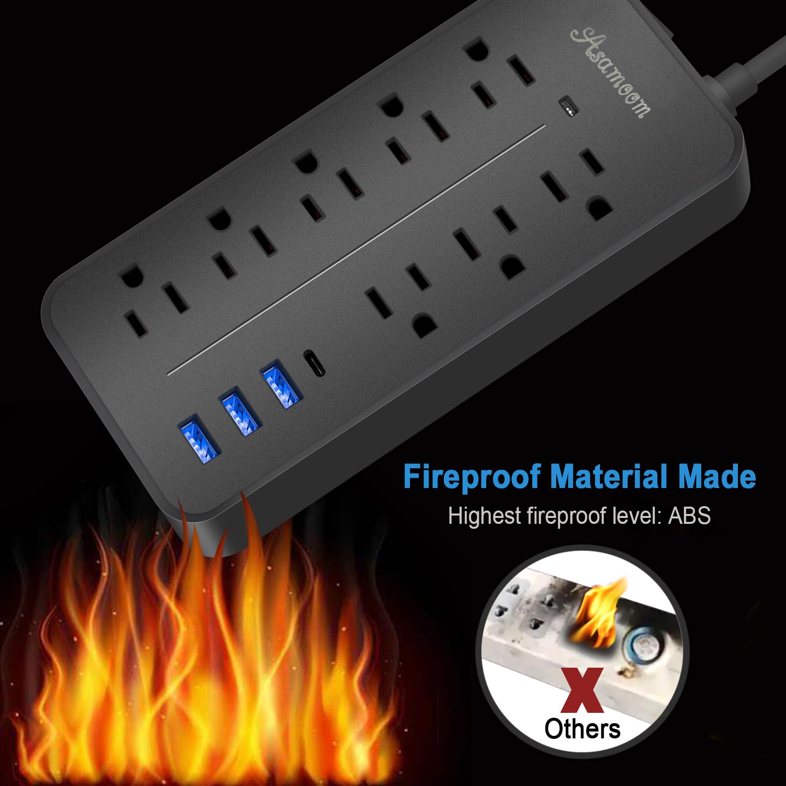 25FT Surge Protector Power Strip Extension Cord with USB C, Asamoom Flat Plug Power Strip with Long Cord, 8 Outlets and 3 USB A & 1 USB-C Port,1700J Wall Mount Desk Power Strip for Home Office Black