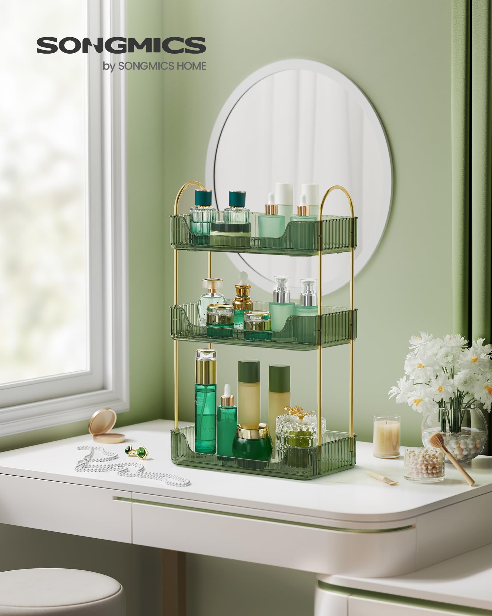 SONGMICS Makeup Organizer, 3-Tier Skincare Organizer Countertop, Customizable, 2 Types of Accessories, Jewelry Holder, for Vanity, Bedroom, Bathroom, Pale Green UJKA013C01