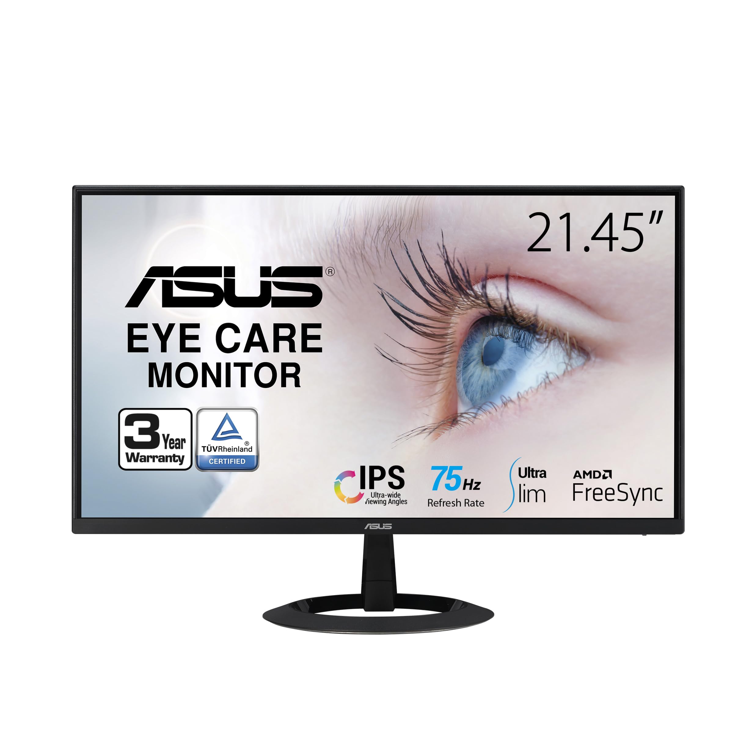 ASUS 22” (21.45” viewable) 1080P Eye Care Monitor (VZ22EHE) - Full HD, IPS, 75Hz, 1ms (MPRT), Adaptive-Sync, HDMI, Low Blue Light, Flicker Free, HDMI, VGA, Ultra-Slim,Black