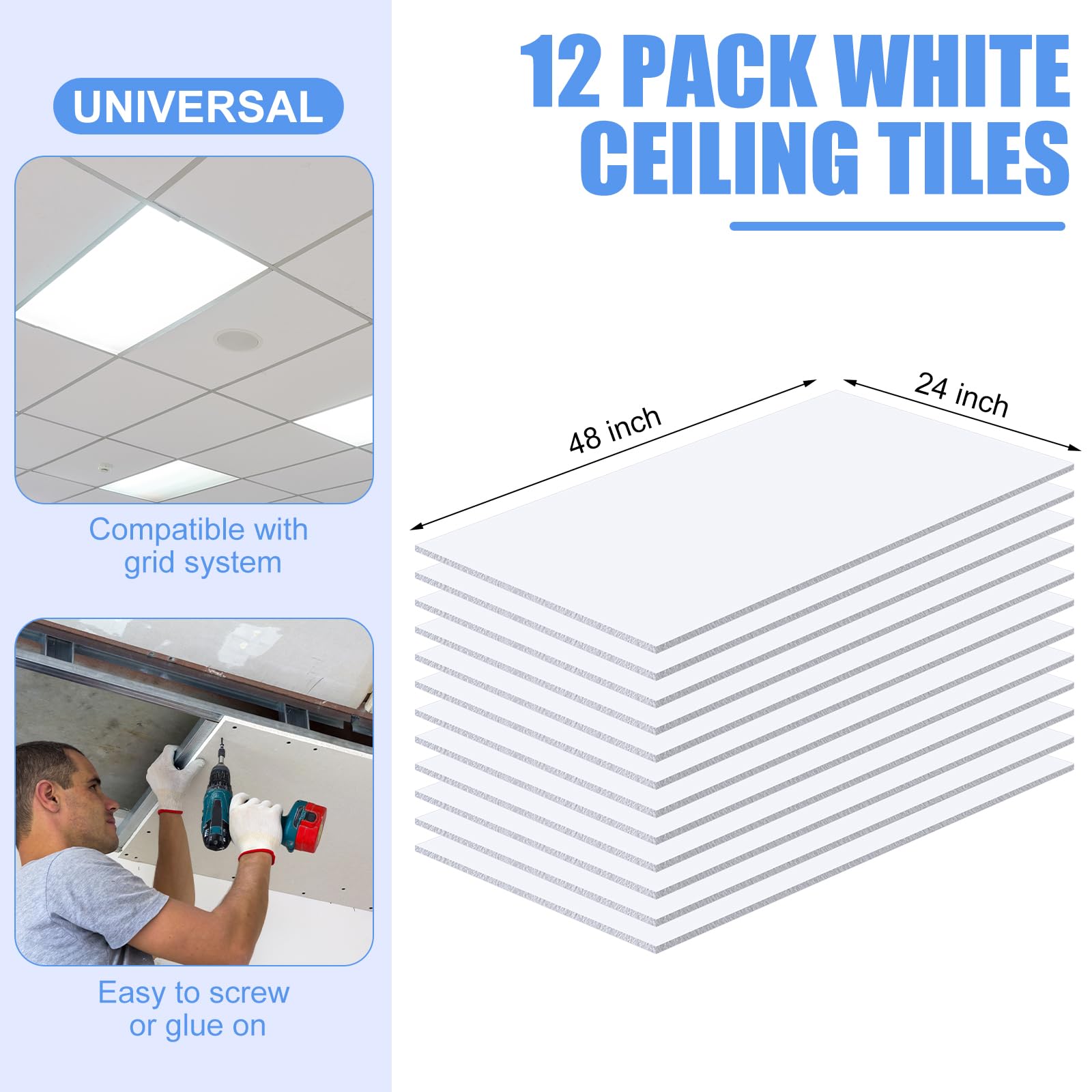 Sasylvia 12 Pcs White Drop Ceiling Tile Smooth Drop Ceiling Tile Drop in Installation Waterproof Washable and Fire Rated Ceiling Panel PVC Ceiling Tiles to Keep Away Breakage (12 Pcs,4 x 2 ft)