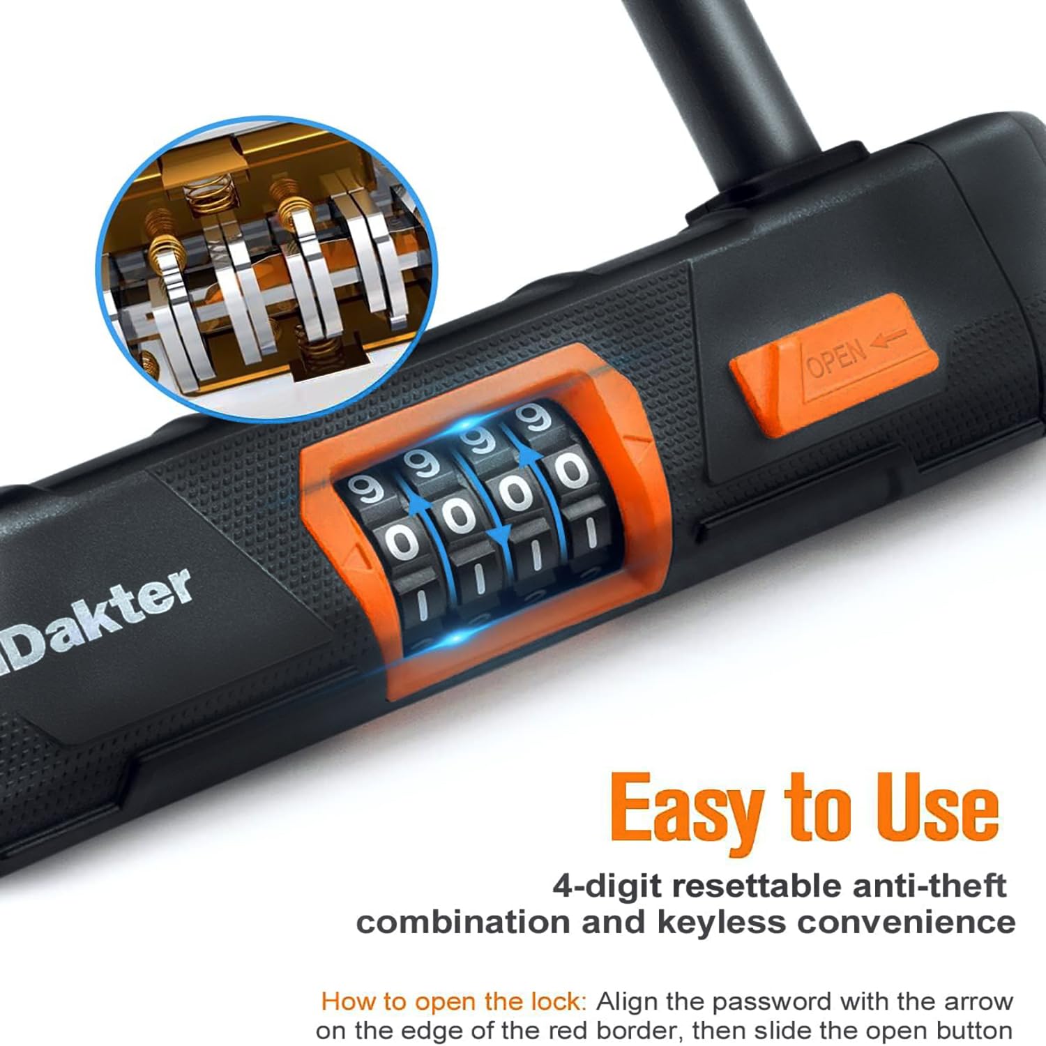 NDakter Bike Locks Heavy Duty Anti Theft, Combo Bike U Lock, 4-Digit Resettable Combination Bicycle Lock, Large U Shaped Ebike Lock with 5Ft Steel Cable for Electric Bike, Escooter, Motorcycle,Door