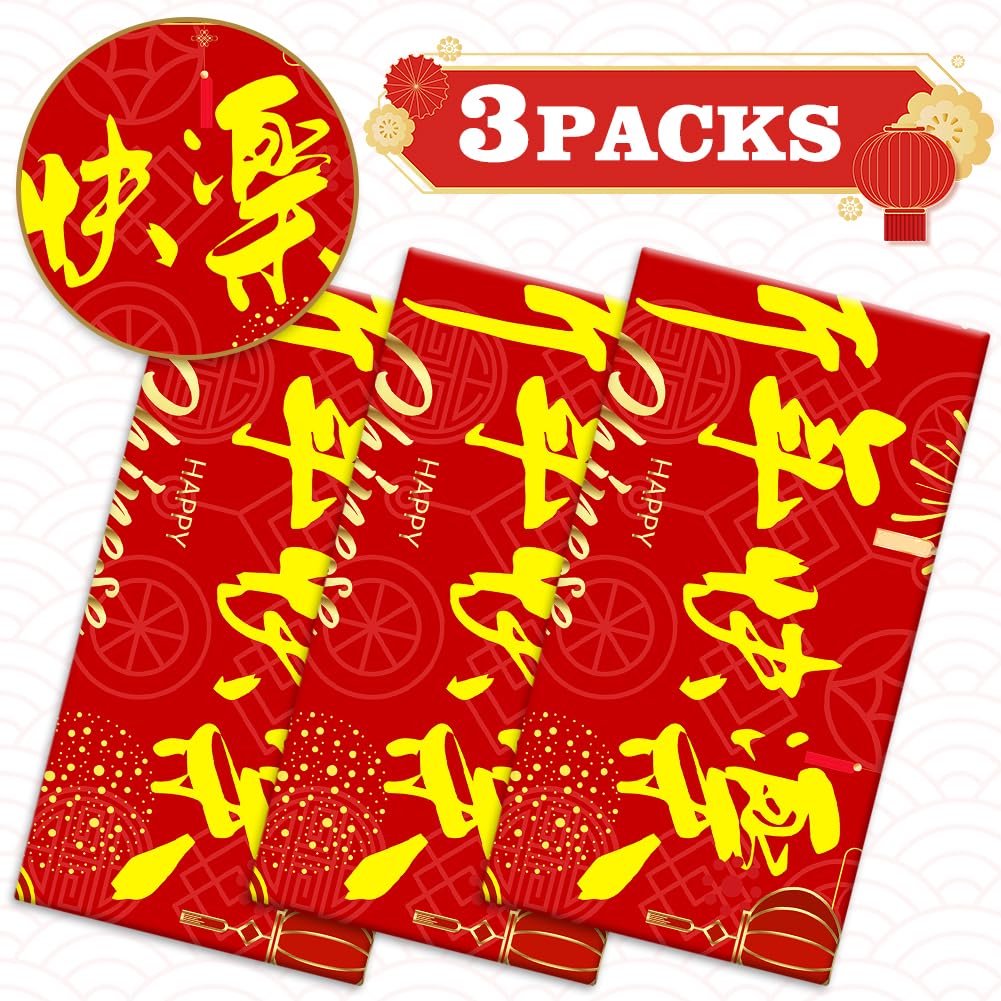 Labeol Chinese New Year Decorations 2025, 3 PCS Chinese New Year Tablecloth, 54"x108" Disposable Plastic Rectangle Happy Chinese New Year Table Cover for Chinese Spring Festival Party Decorations