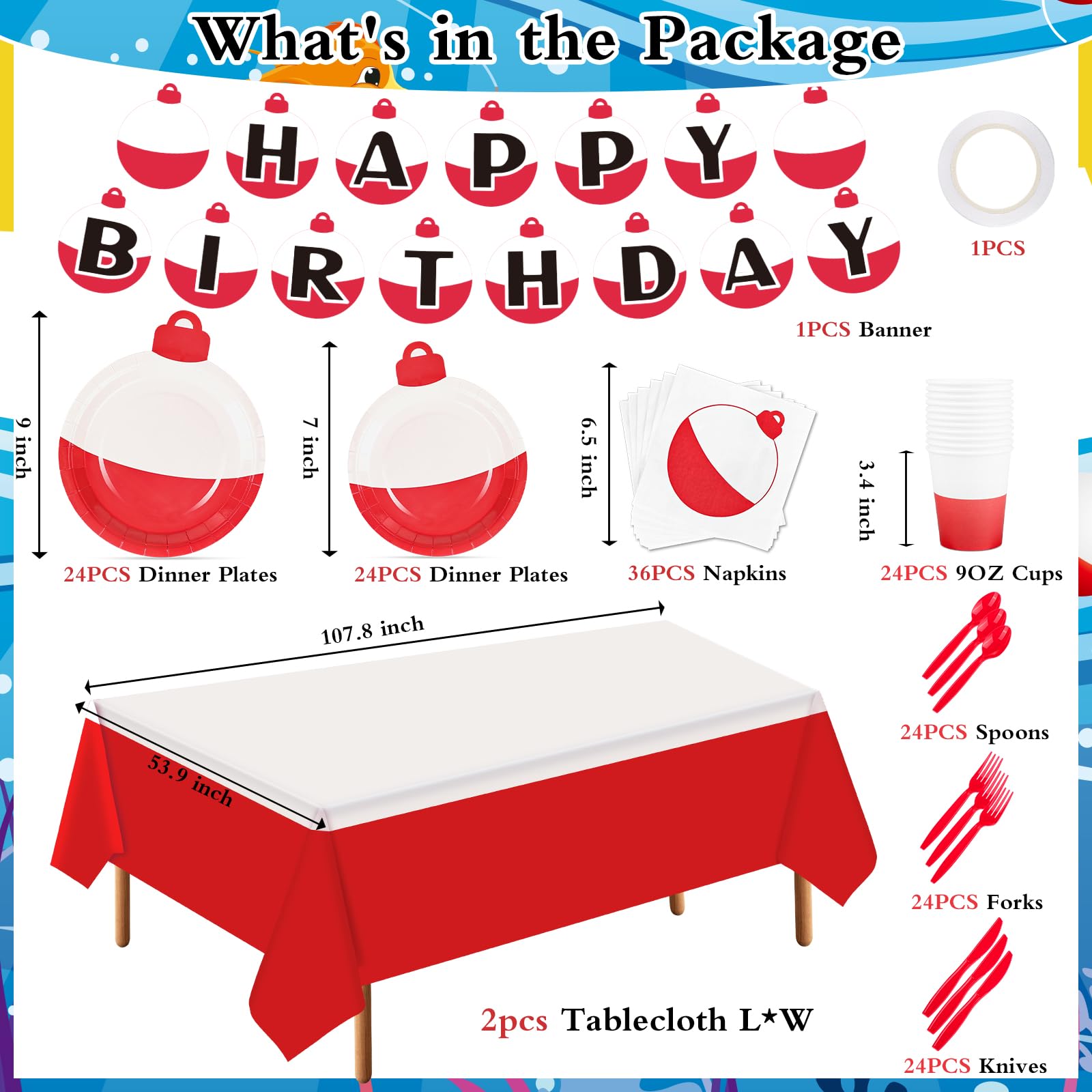 TWOWYHI 183PCS Gone Fishing Birthday Decorations Party Supplies Set 24 Guests Fishing Birthday Party Paper Plates Napkins Cups Banner Backdrop Tablecloth for Fishing Party Decorations Tableware Set